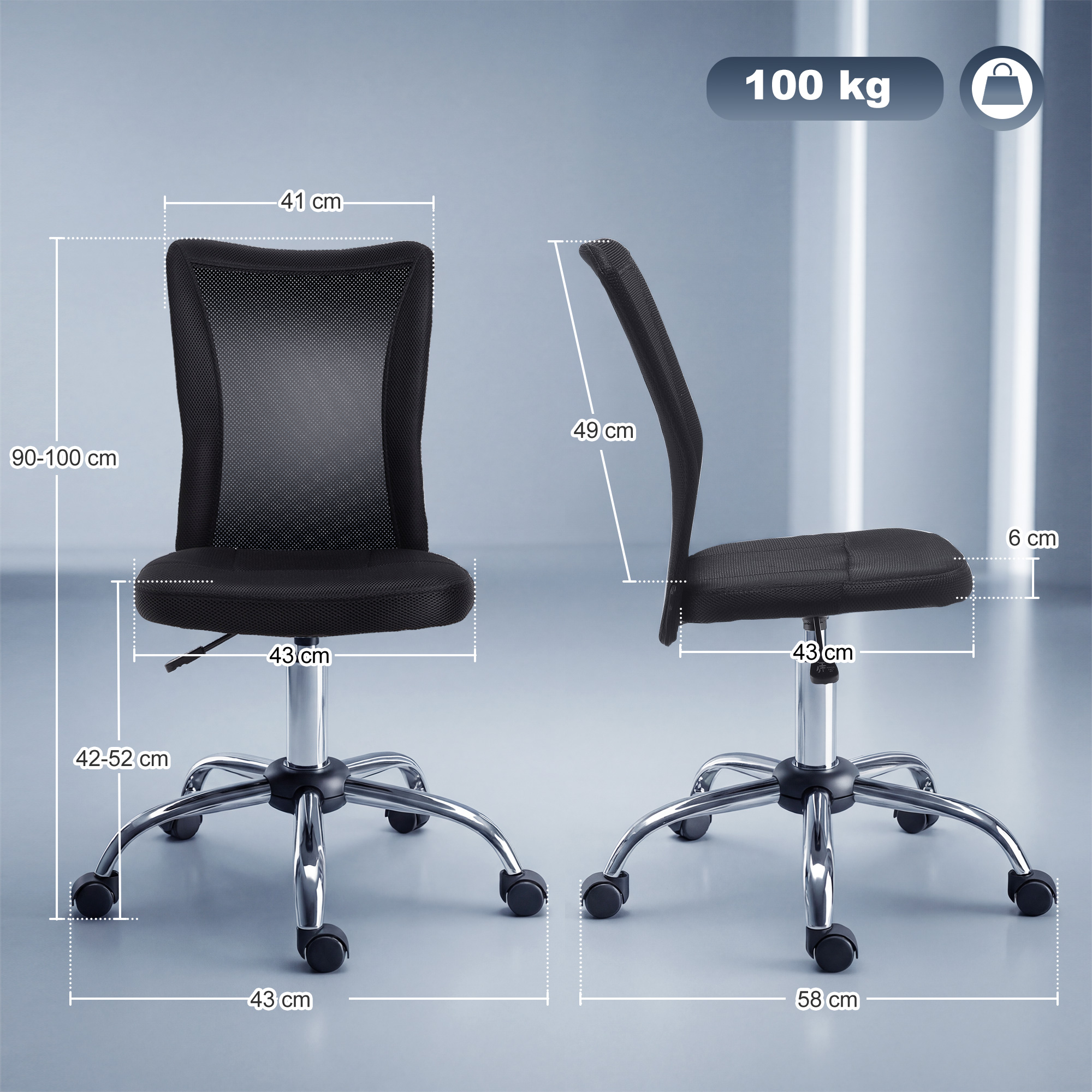 Sedia da ufficio nera con ruote e regolazione altezza. Dimensioni indicate.