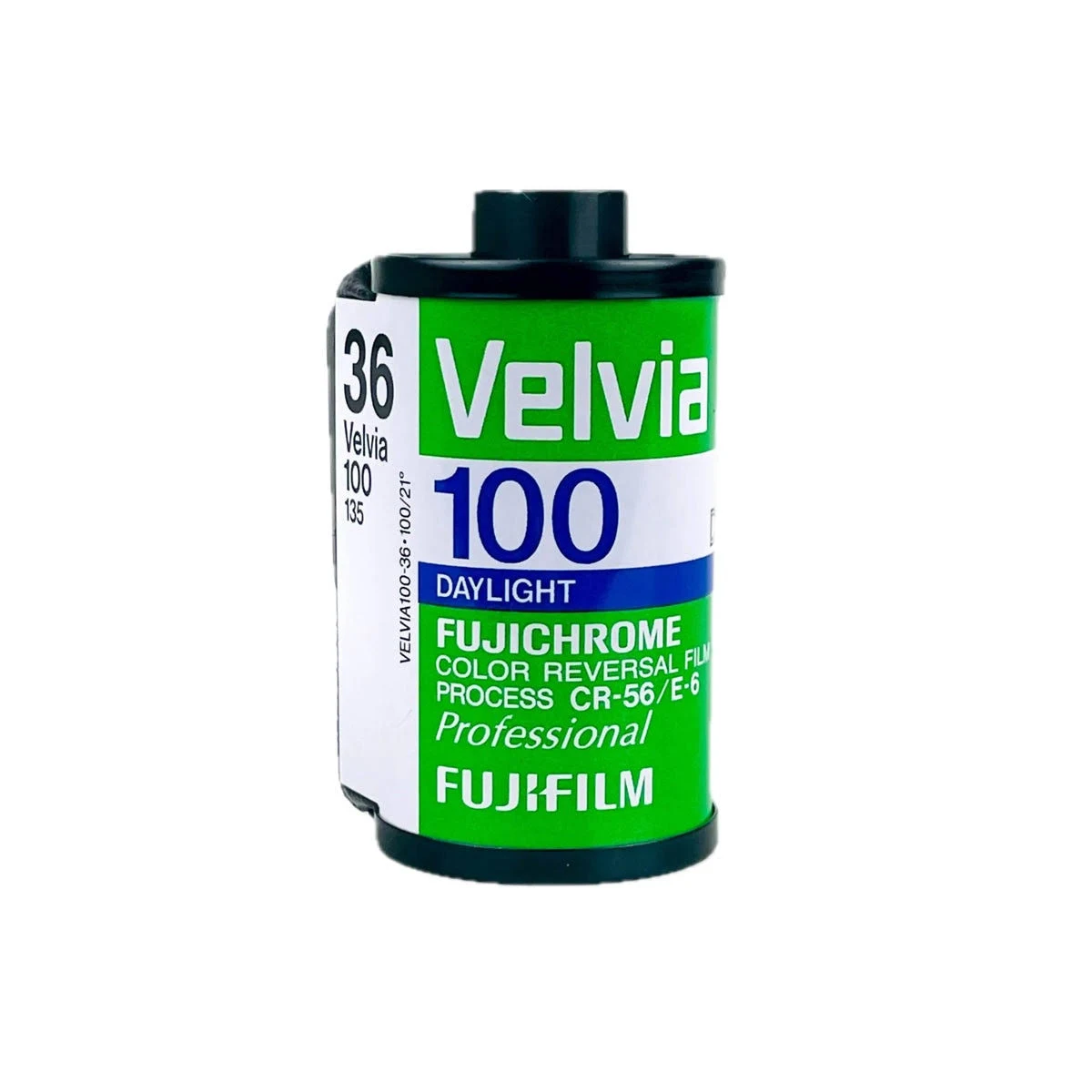 Rollo de película verde con texto: Velvia 100, Daylight, Fujichrome, Fujifilm.