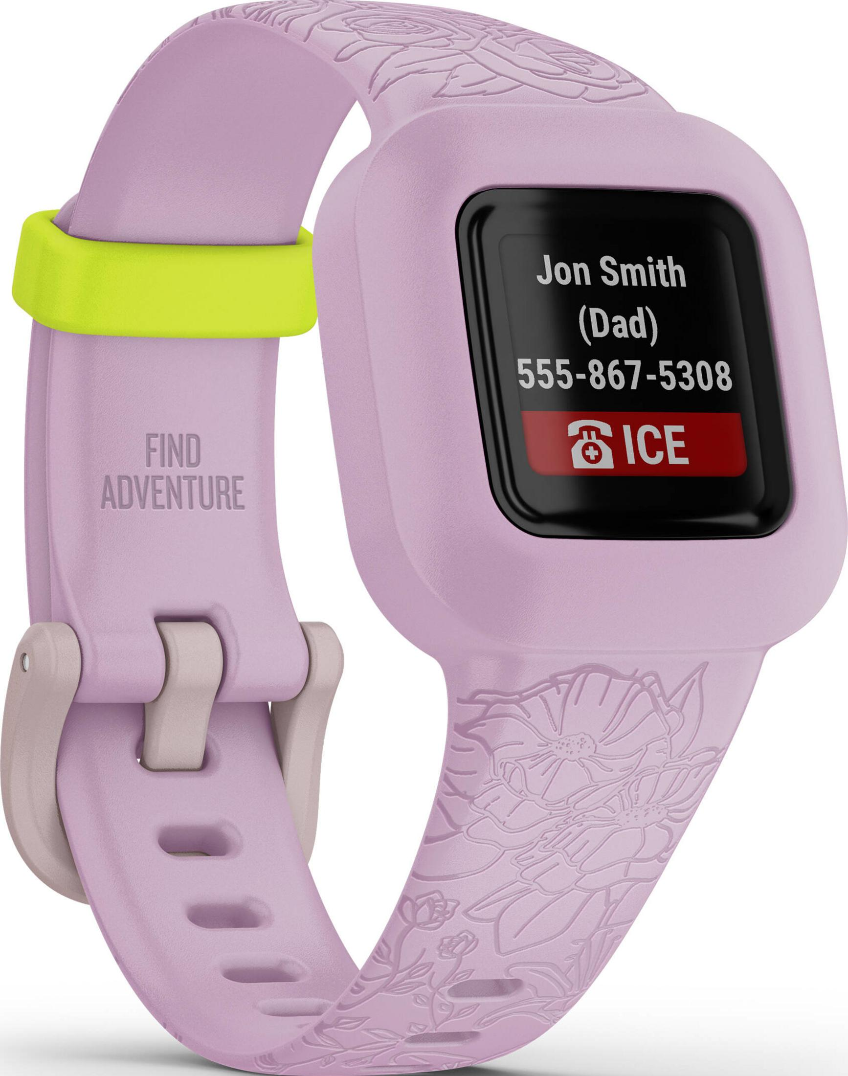 Uno smartwatch viola per bambini mostra "Jon Smith (Papà) 555-867-5308 ICE".
