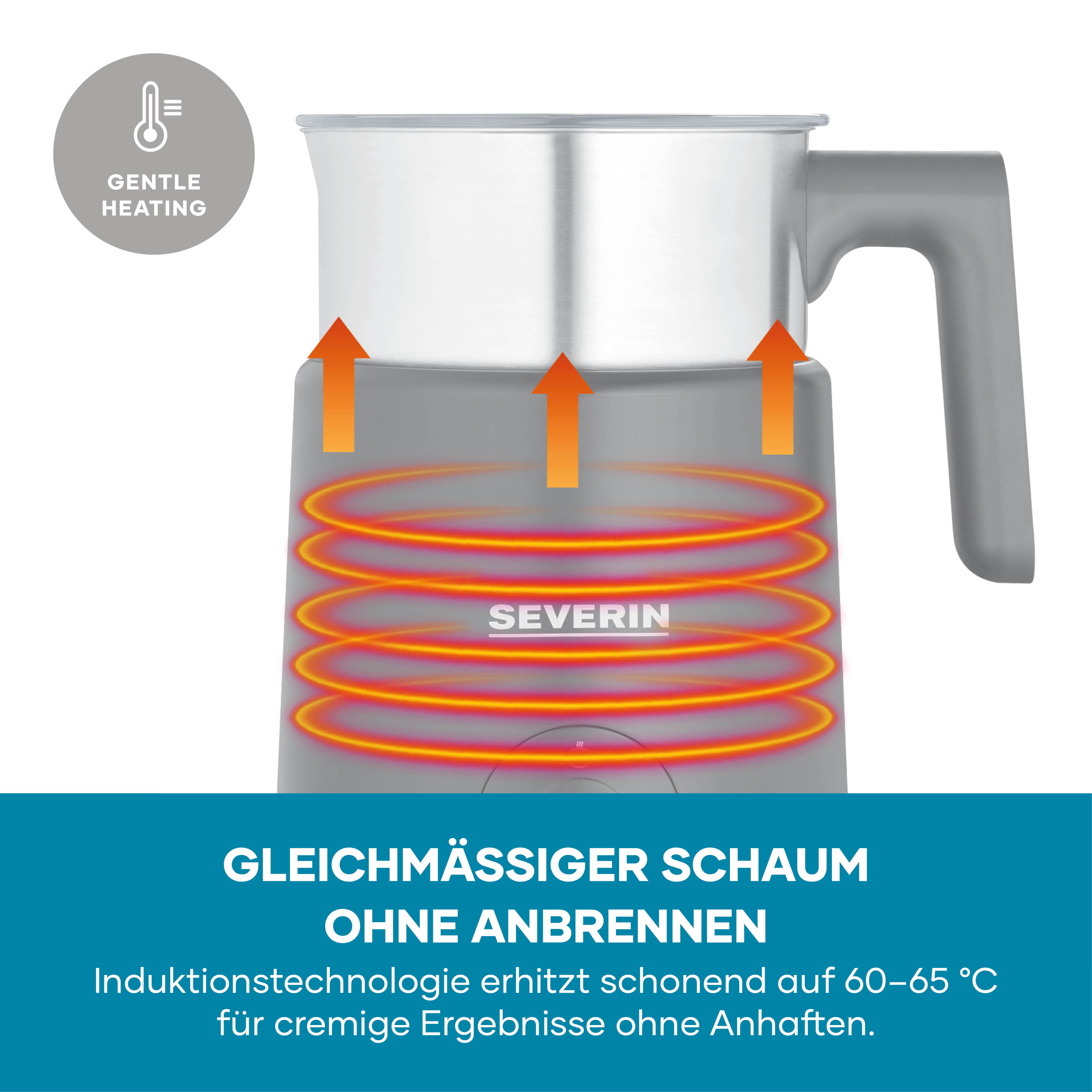 Mousseur à lait avec technologie à induction, montrant un chauffage doux, une mousse uniforme, sans brûler.