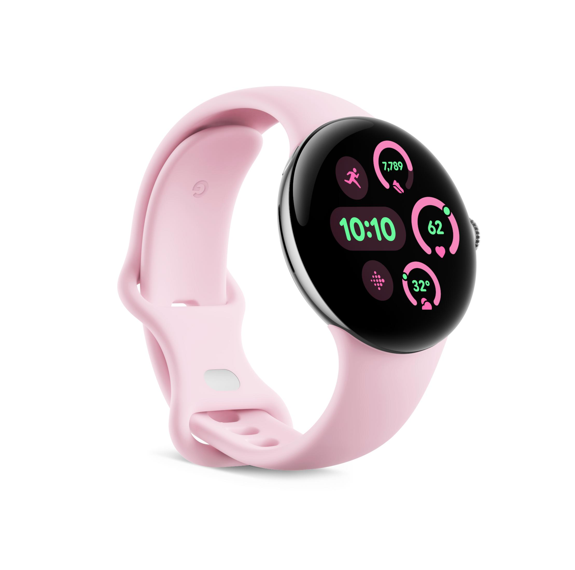Uno smartwatch rosa con quadrante nero mostra 10:10, passi, battito cardiaco e temperatura.