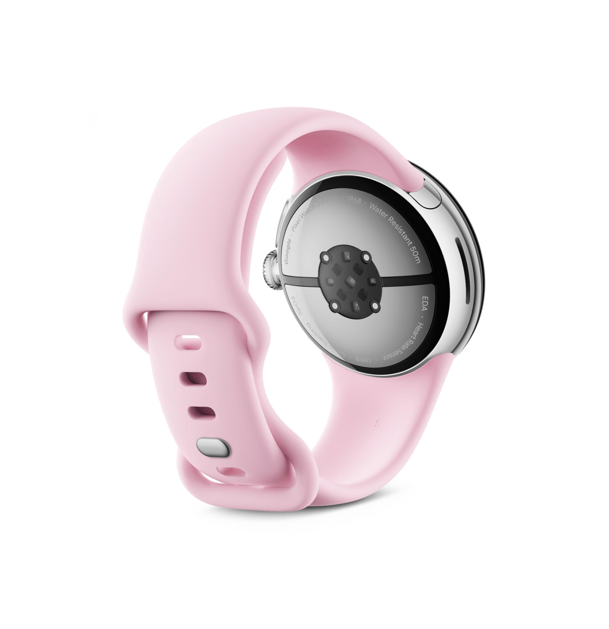Uno smartwatch rosa con accenti argentati e sensori sul retro.