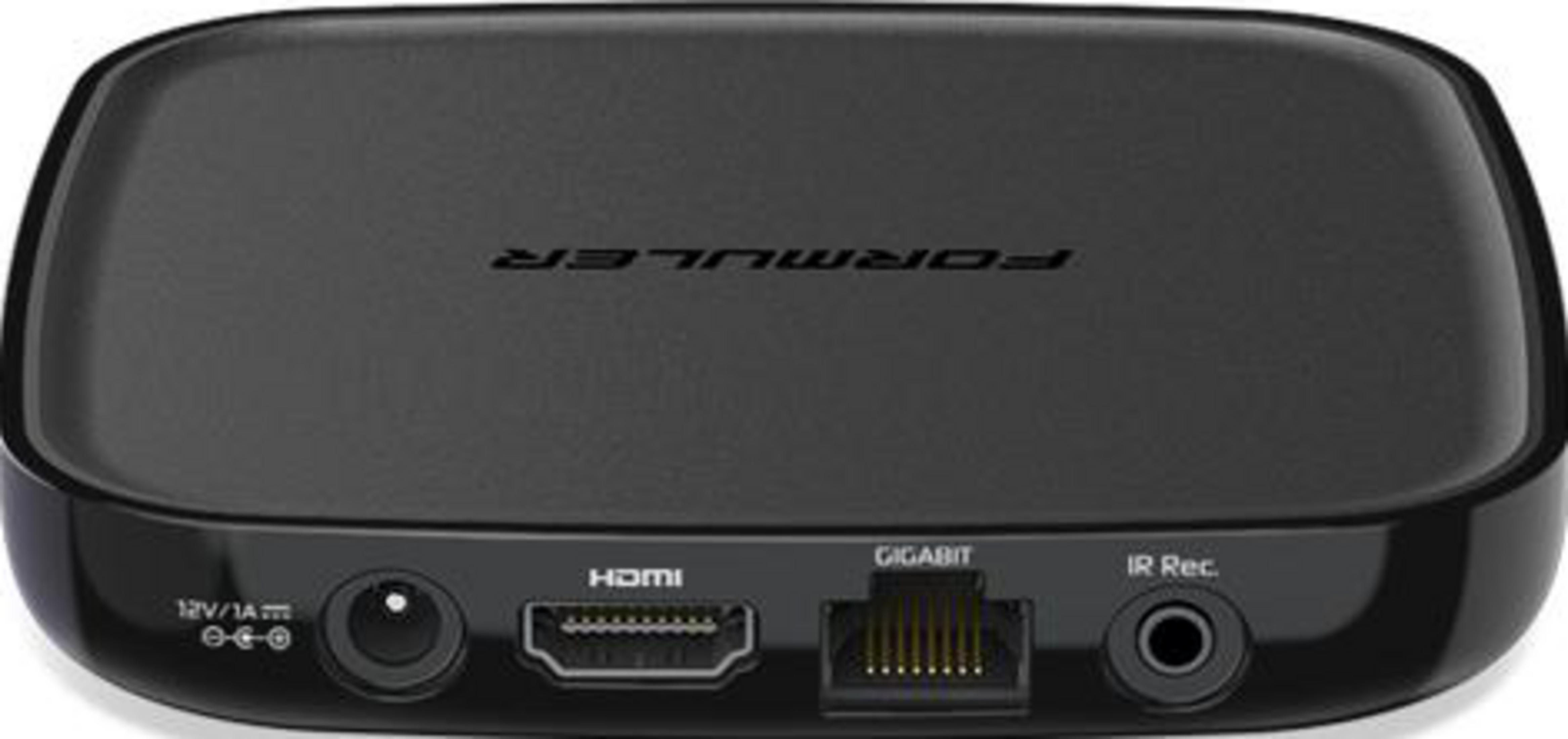 Schwarzes Formuler-Gerät mit Anschlüssen: Strom, HDMI, Gigabit-Ethernet, IR-Empfänger.