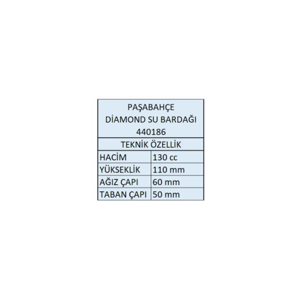 Paşabahçe Diamond su bardağı teknik özellikleri: 130cc, 110mm yükseklik, 60mm ağız, 50mm taban.