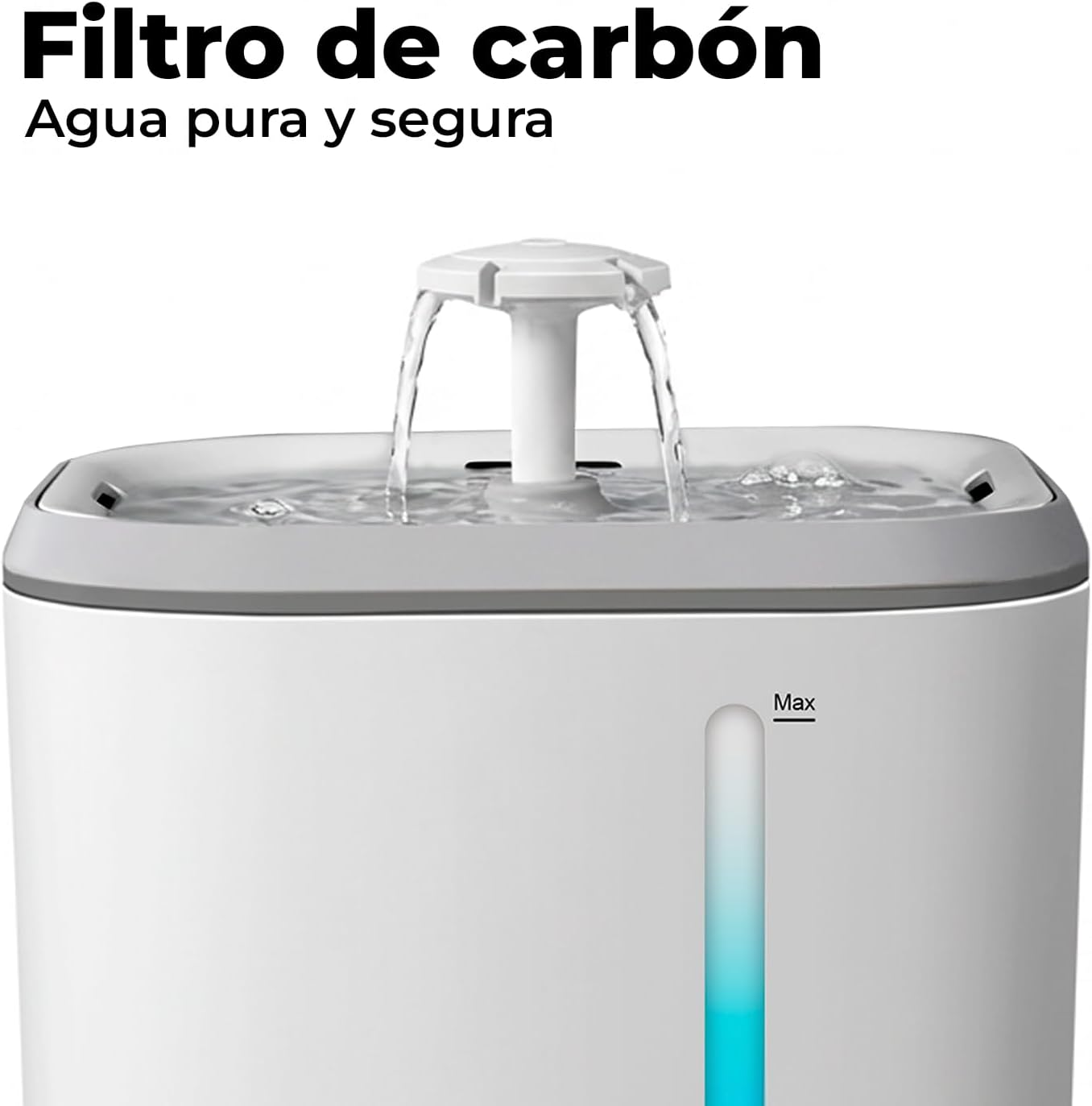 Una fuente de agua blanca con una cascada en el centro. Se ve un indicador azul de nivel de agua.