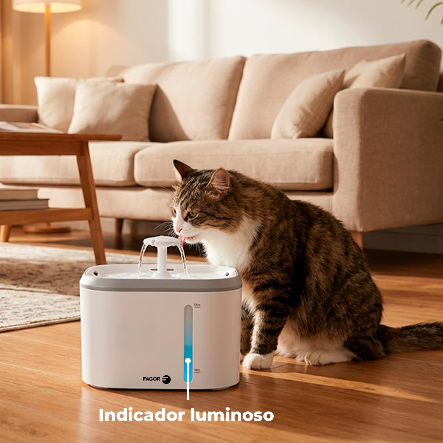 Un gato atigrado bebe de una fuente blanca para mascotas en una sala.