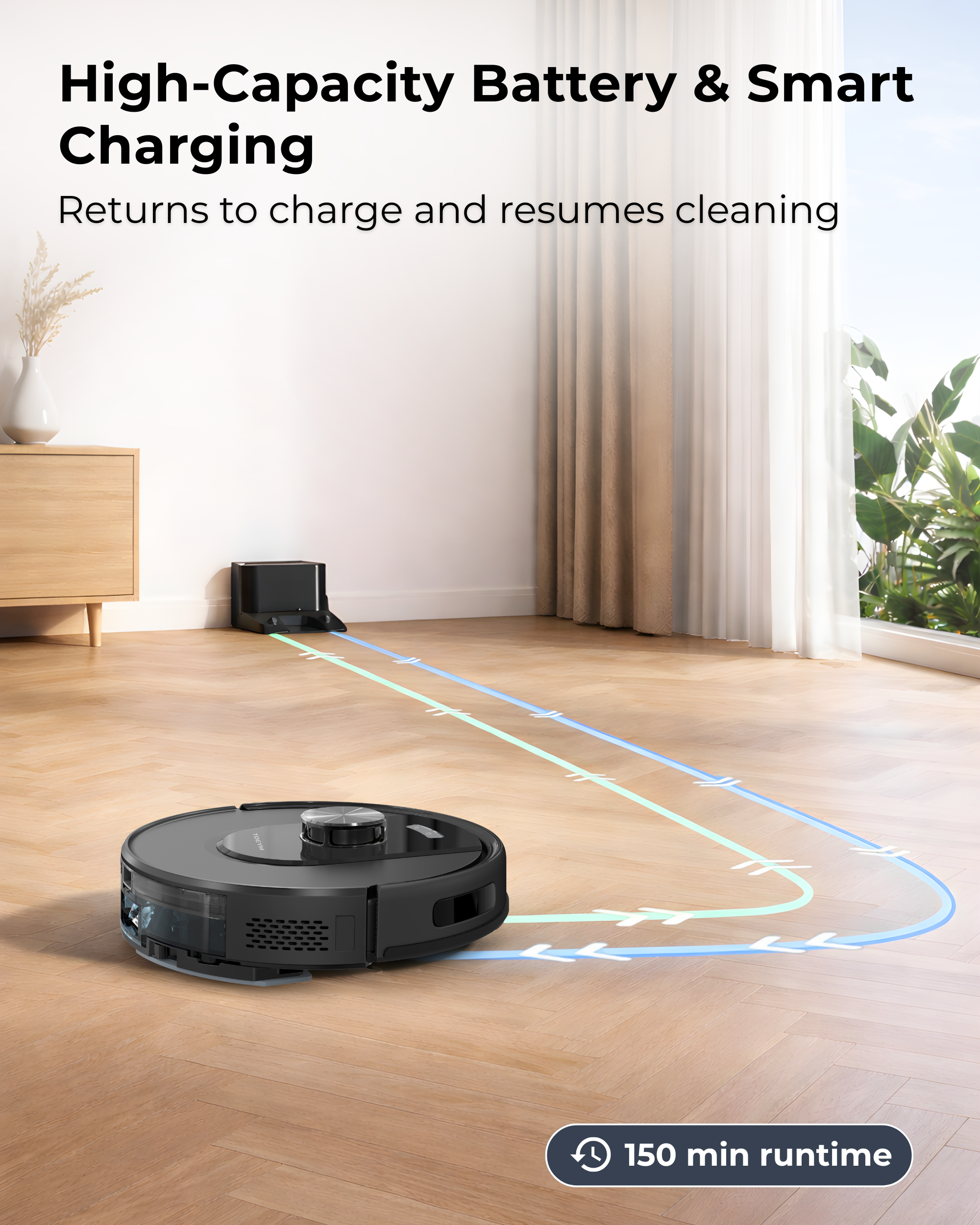 Een zwarte robotstofzuiger op een houten vloer met laadstation. 150 min looptijd.
