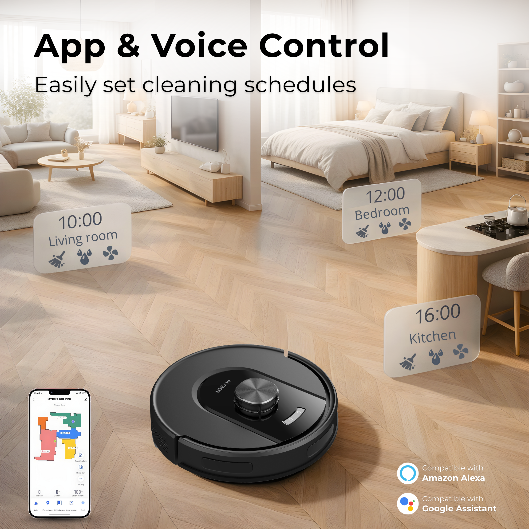 Een robotstofzuiger en een app tonen schoonmaakschema's voor woonkamer, slaapkamer en keuken.