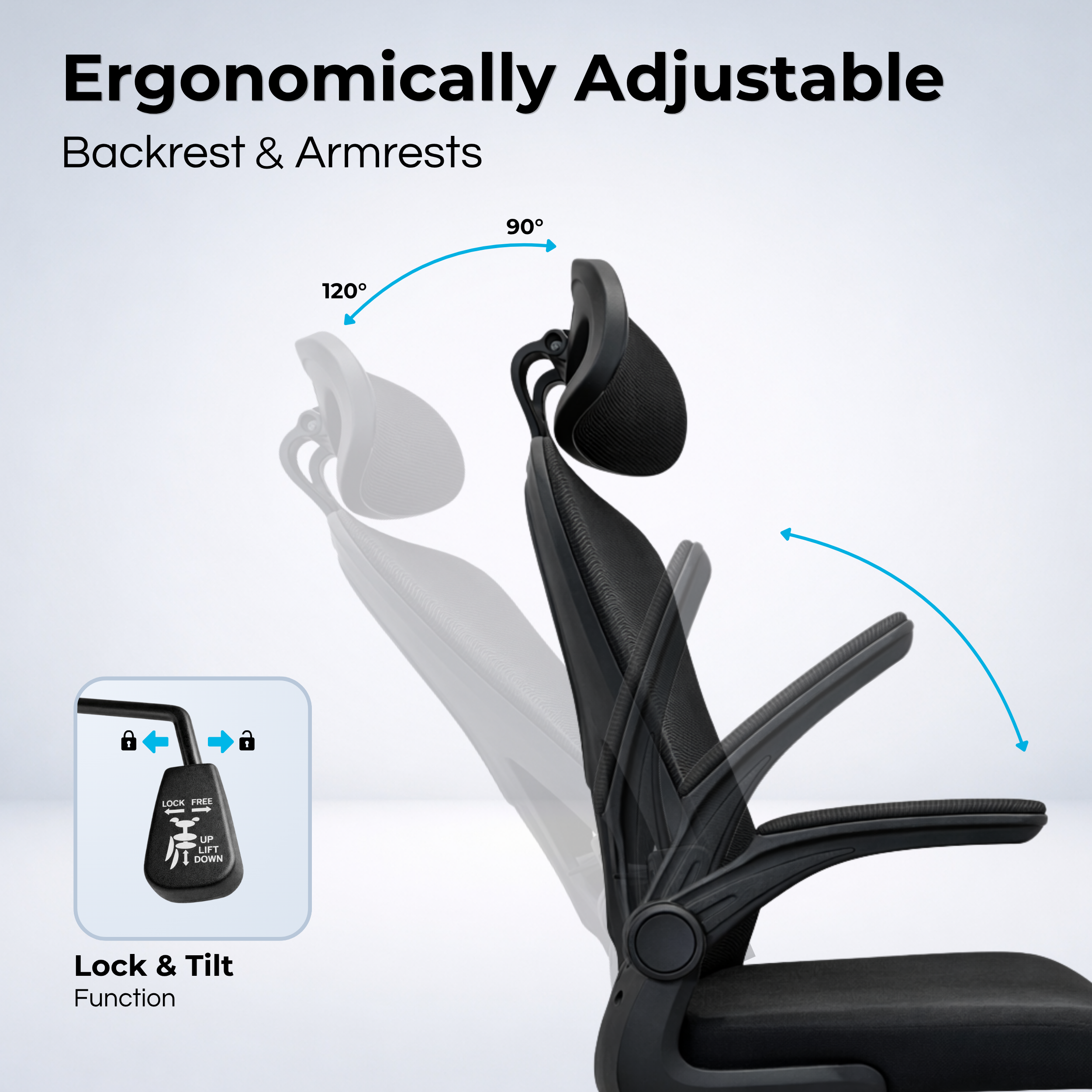 Zwarte ergonomische stoel met verstelbare rugleuning en armleuningen. Toont 90 en 120 graden.