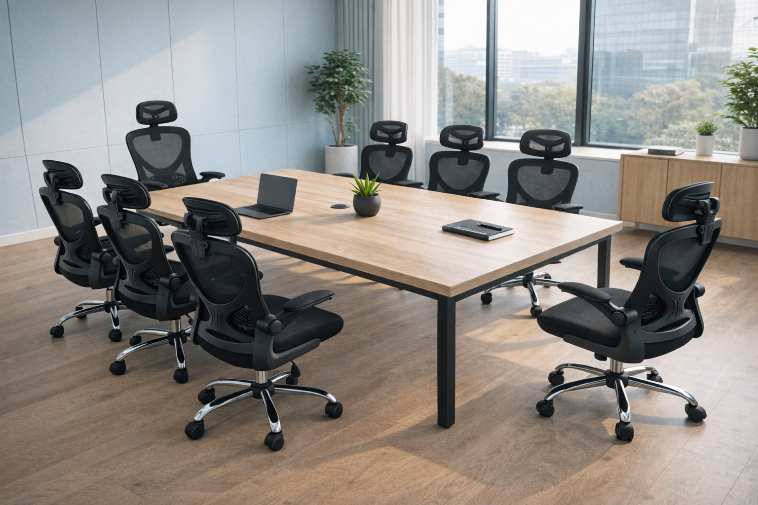 Een moderne vergaderruimte met houten tafel, zwarte stoelen en een laptop.