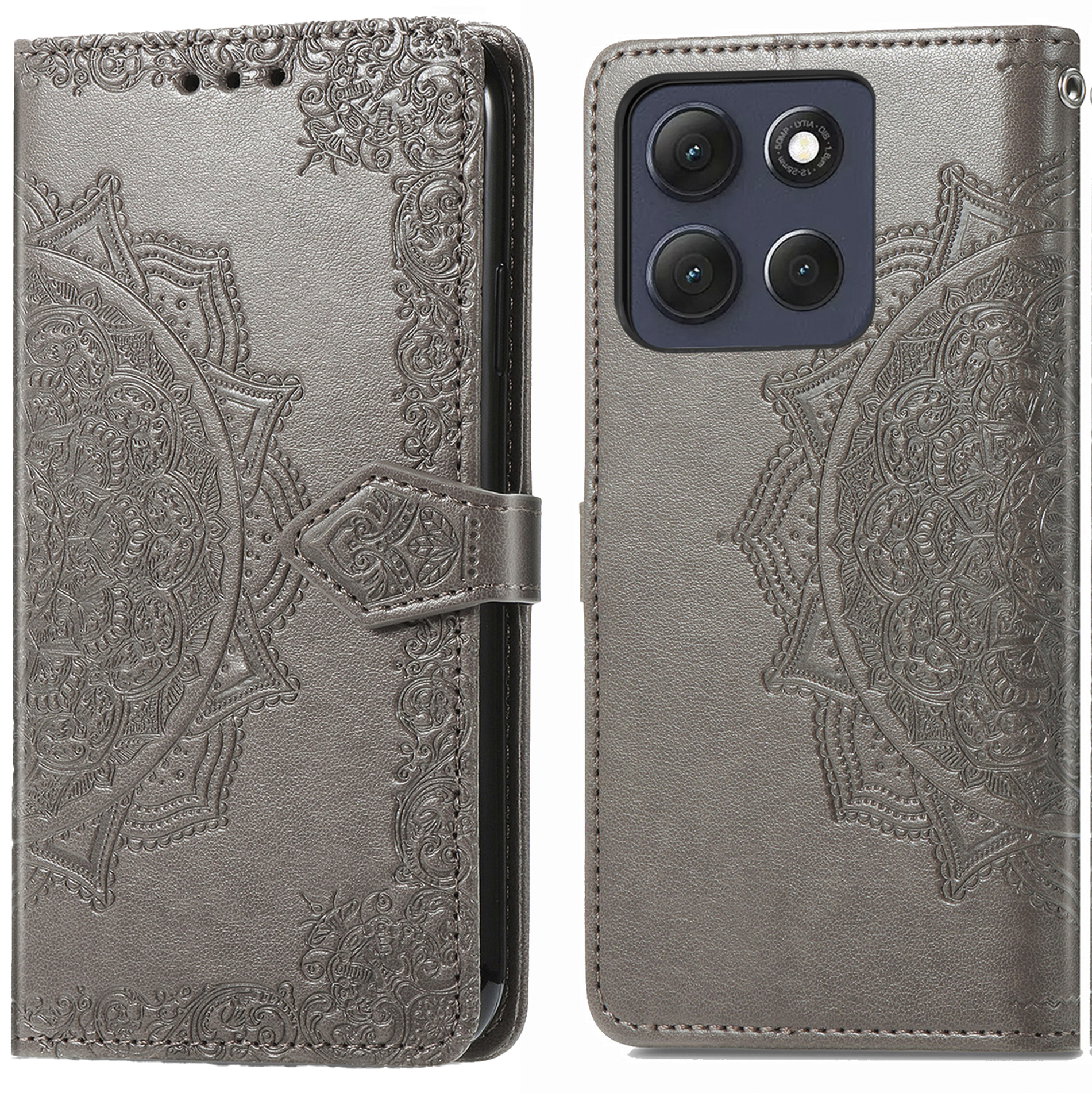 Étui de téléphone gris gaufré mandala, montré fermé et ouvert.