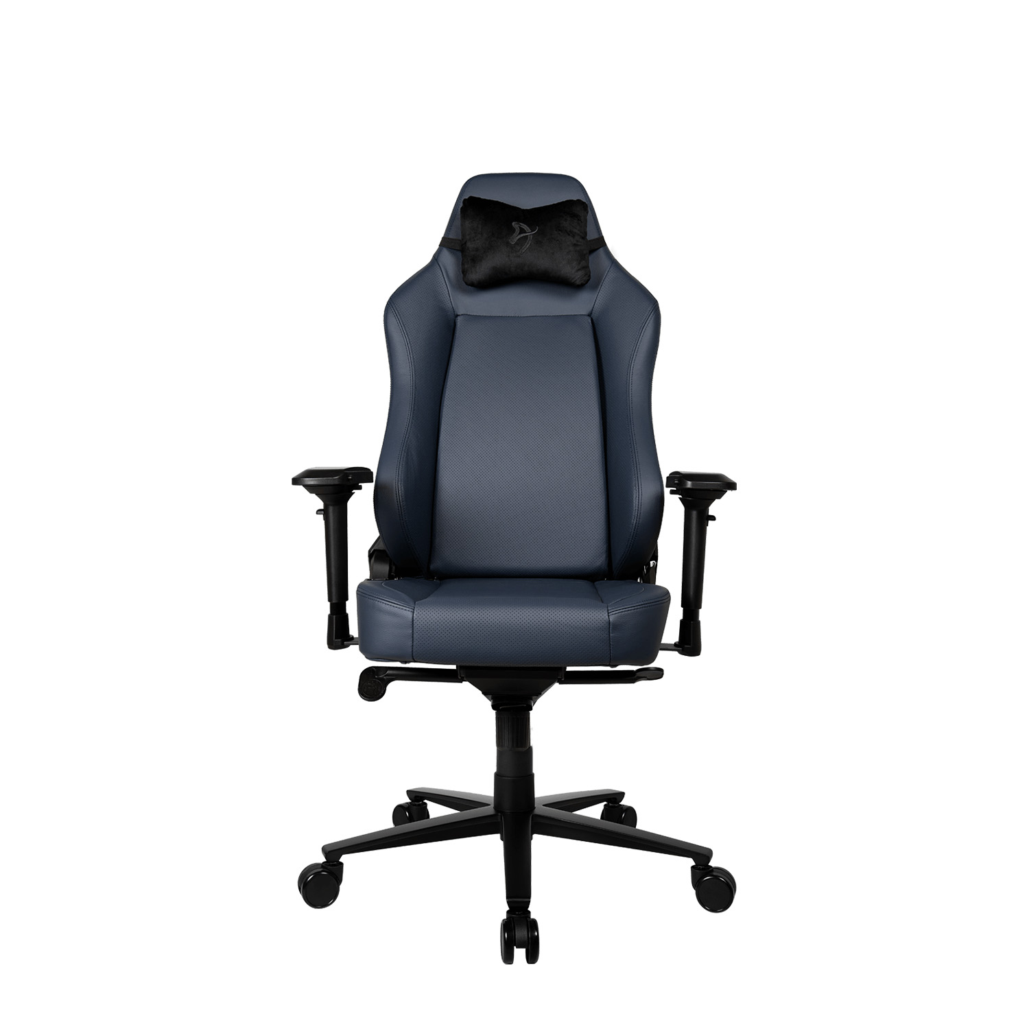 Una sedia da gaming blu-grigio con cuscino nero per il collo, su sfondo bianco.