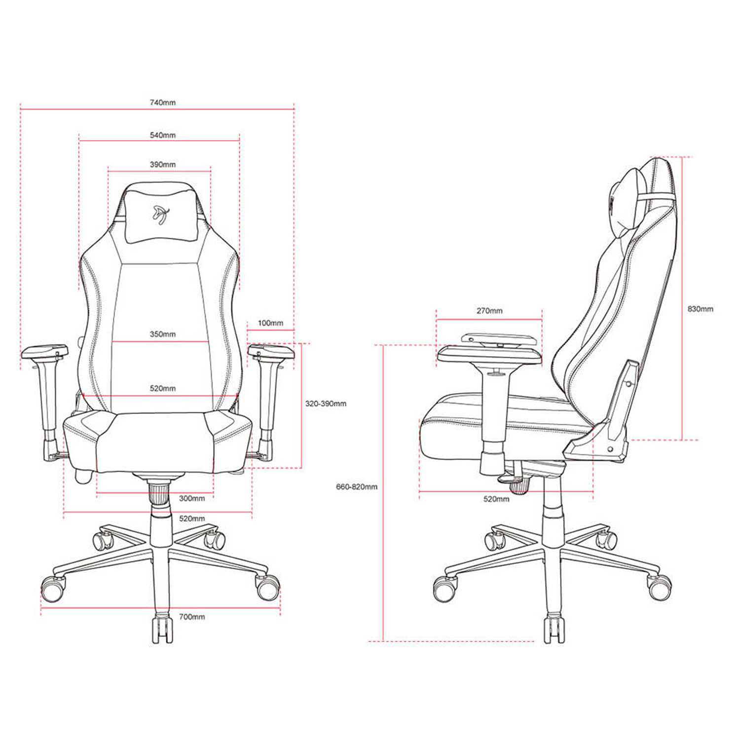 Disegno tecnico di una sedia da gaming con misure rosse.