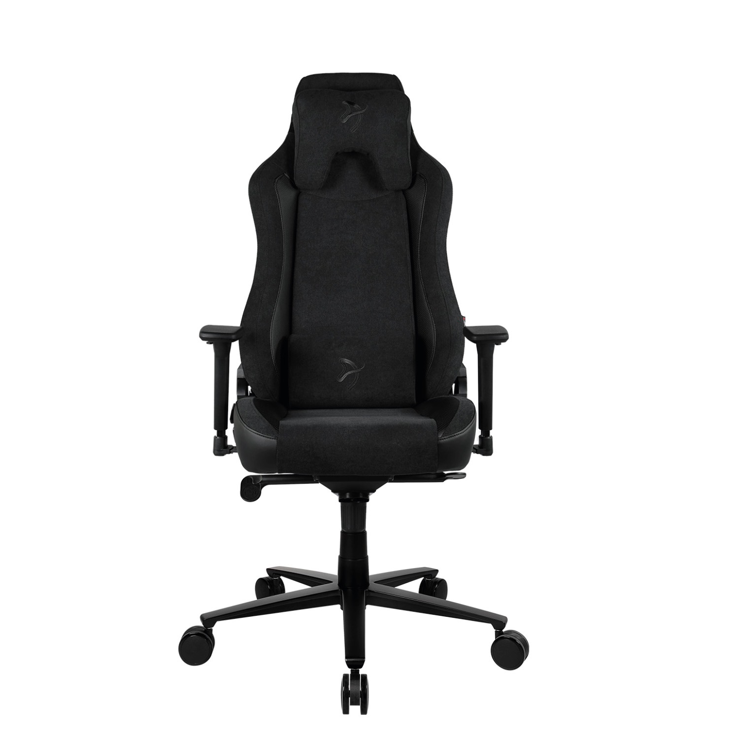 Una sedia da gaming nera con poggiatesta e logo, su ruote.