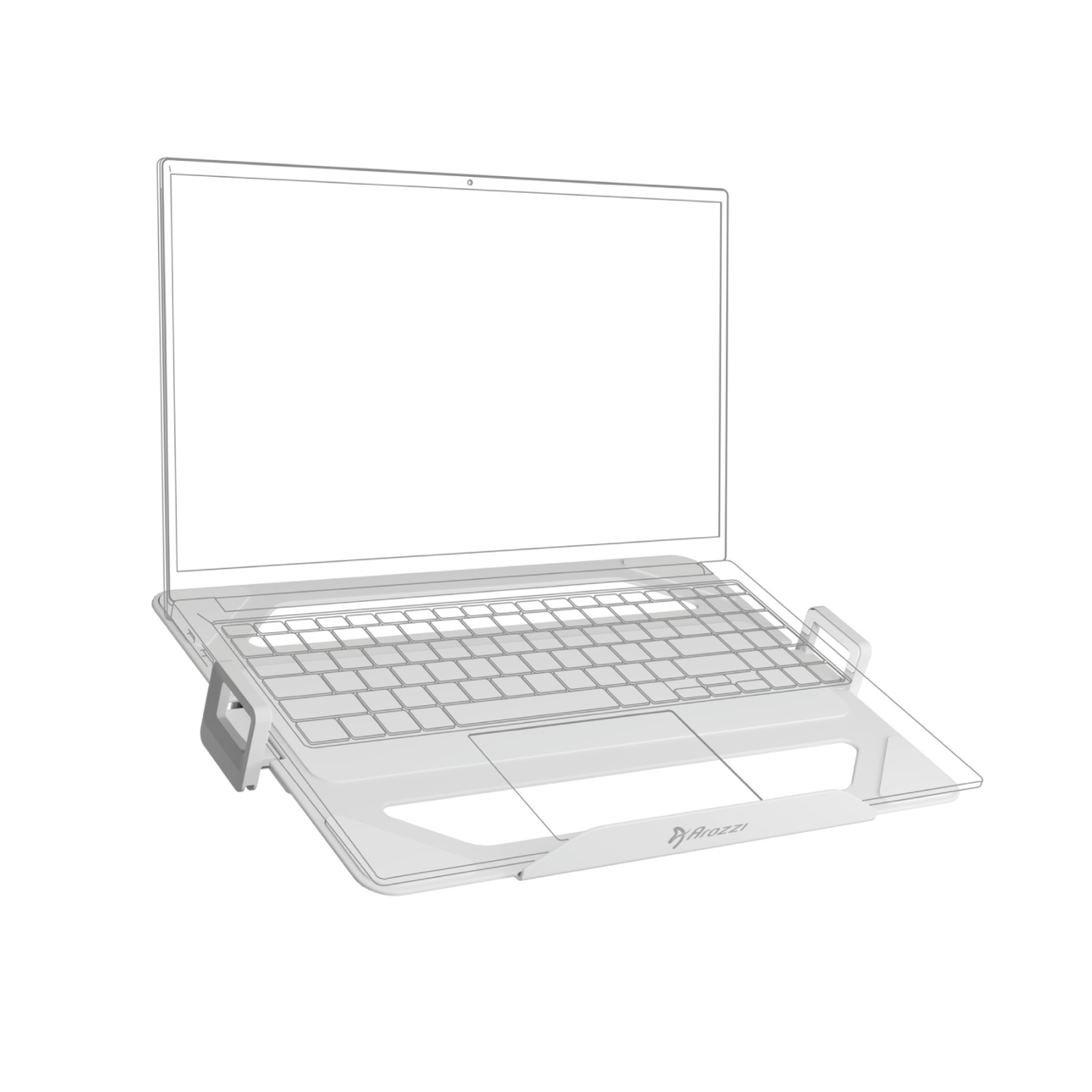 Een transparante laptopstandaard met toetsenbord en touchpad.