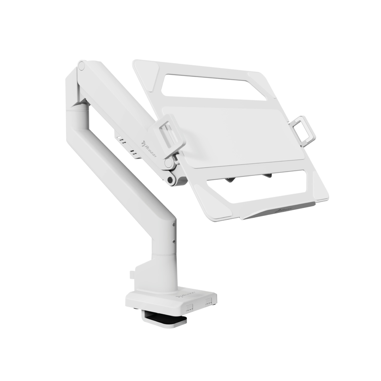 Een witte laptopstandaard met verstelbare arm en klembasis.