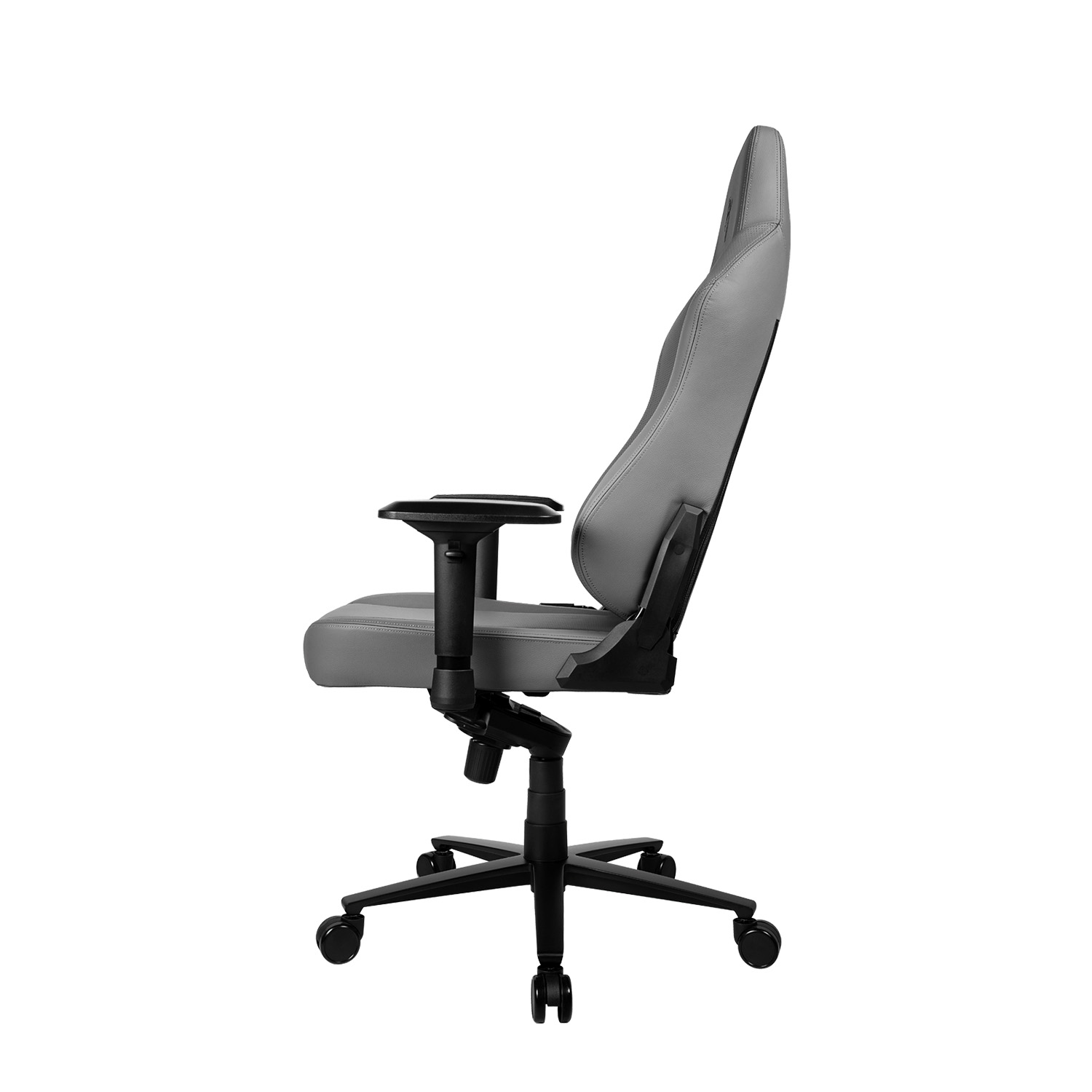 Sedia da gaming grigia con base e ruote nere, vista di lato.