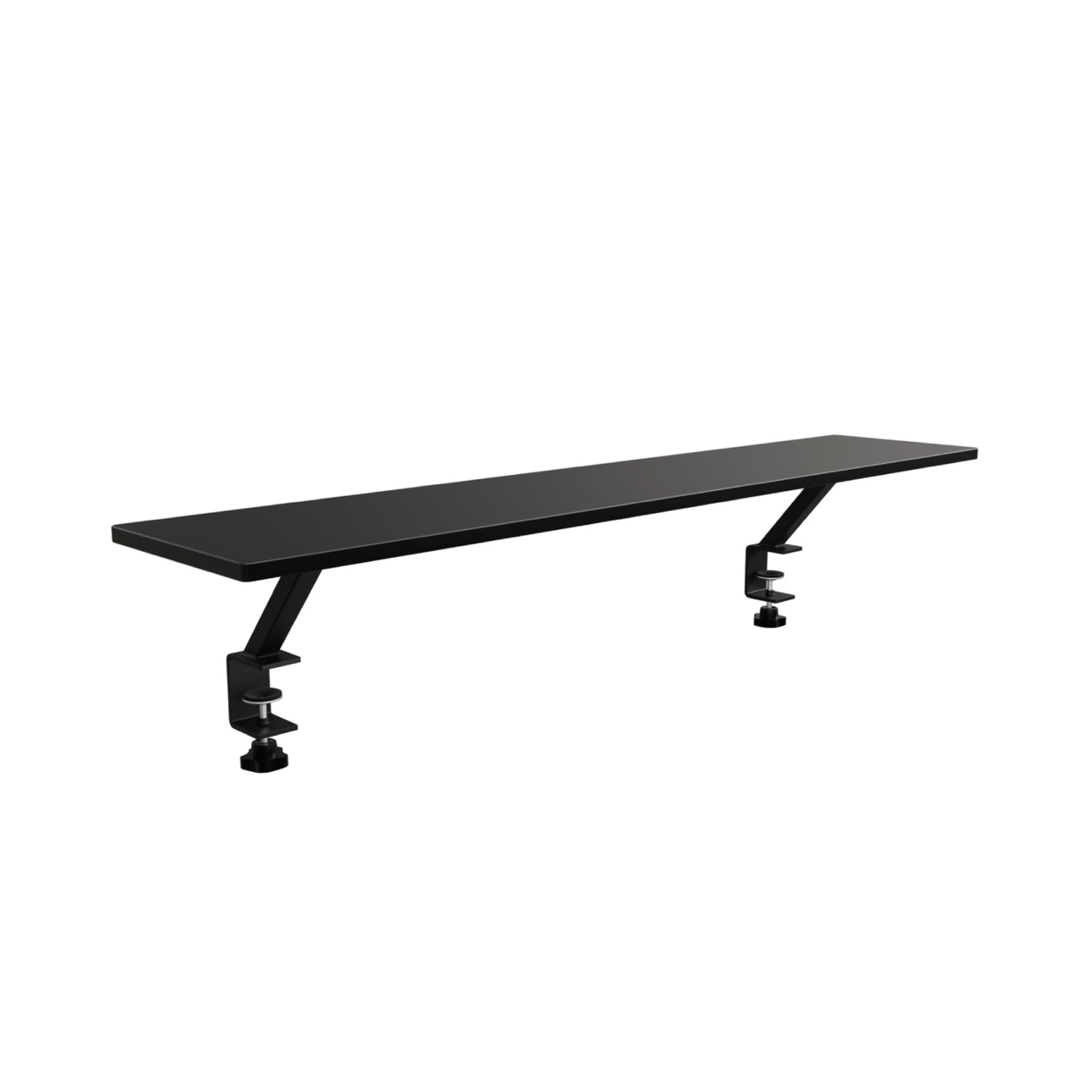 Zwarte plank met twee klemmen voor bevestiging aan een bureau.