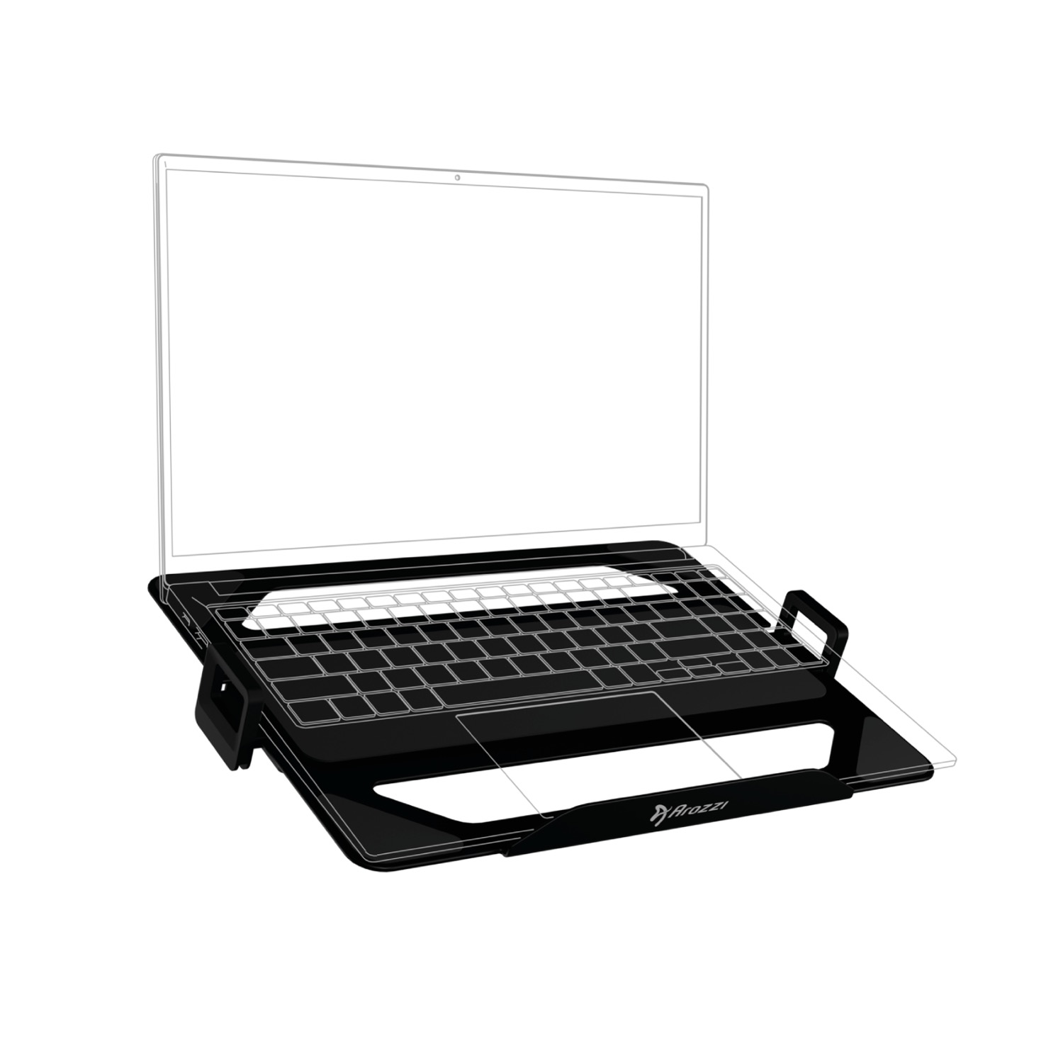Zwarte laptopstandaard met laptop erop, wit toetsenbord, duidelijke schermrand.