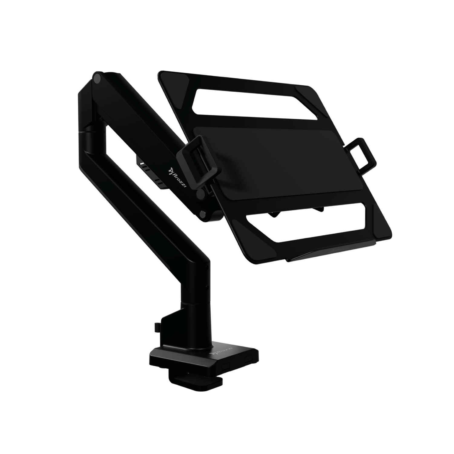 Een zwarte laptopstandaard met verstelbare arm bevestigd aan een klem.