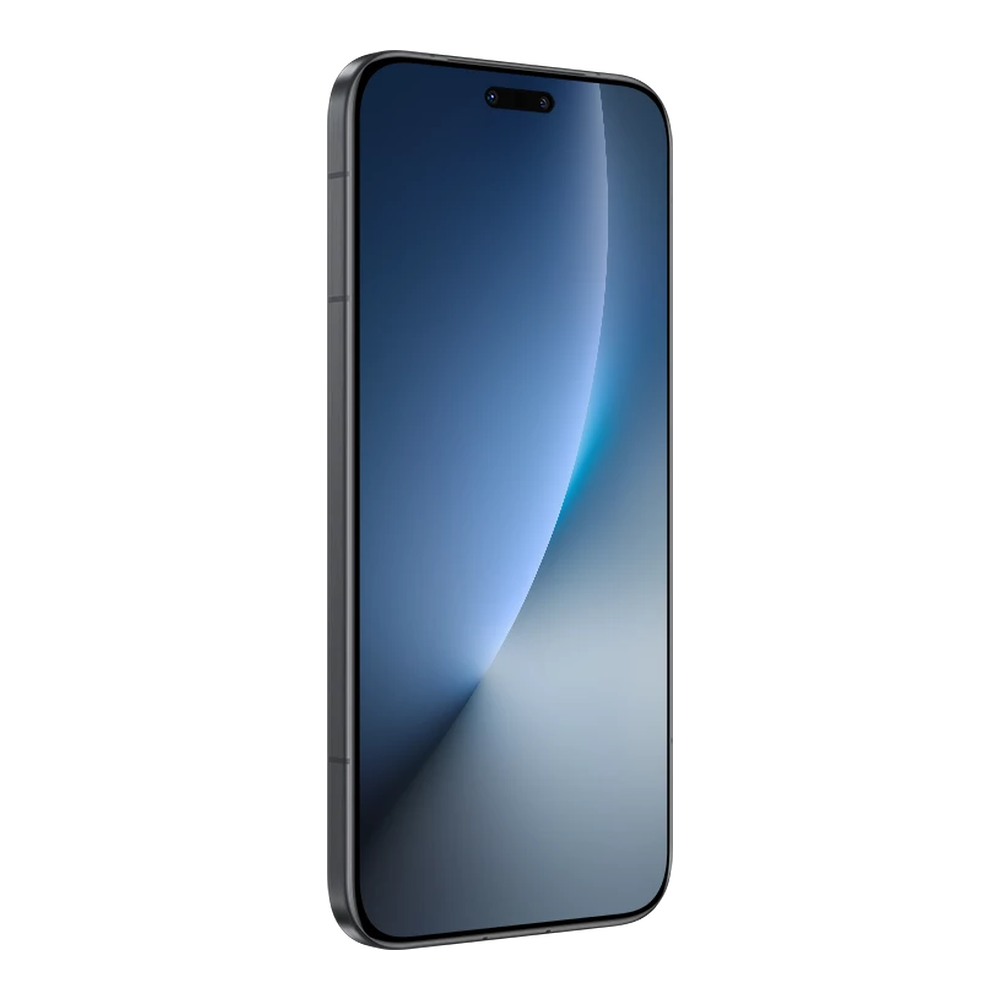 Uno smartphone scuro con sfondo blu è mostrato su sfondo bianco.
