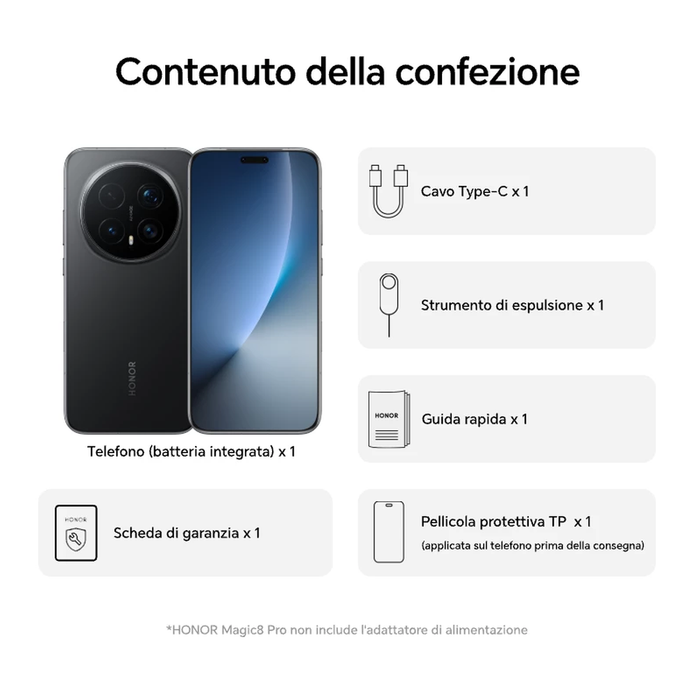 Contenuto della confezione: Telefono, cavo Type-C, strumento espulsione, guida rapida, scheda garanzia.