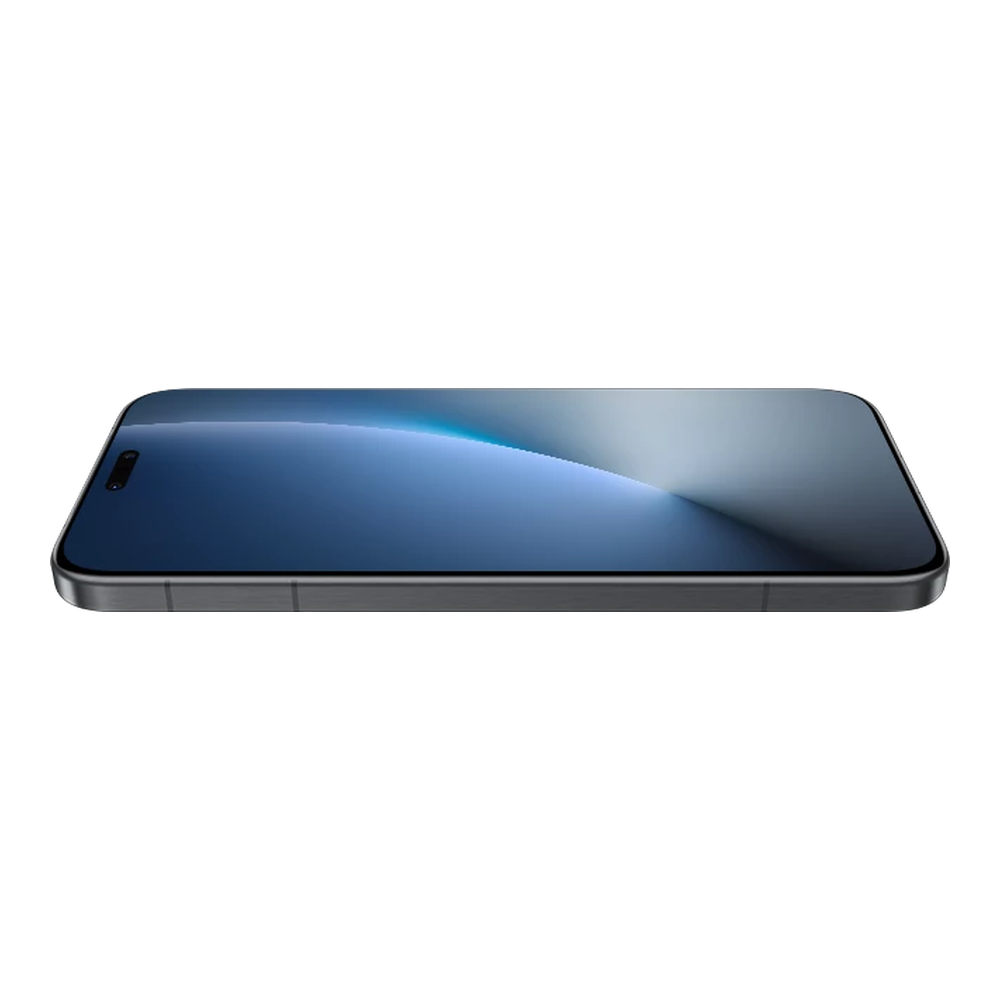 Uno smartphone scuro con schermo blu giace su una superficie bianca.