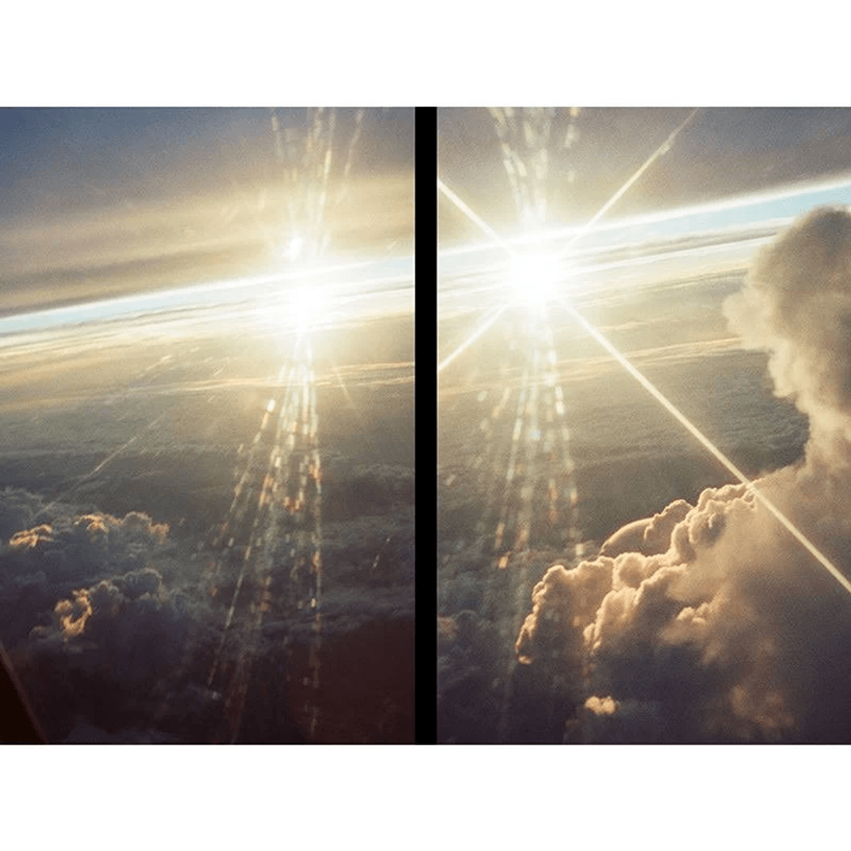 La luz del sol atraviesa las nubes en el cielo, vista desde una ventana de avión.