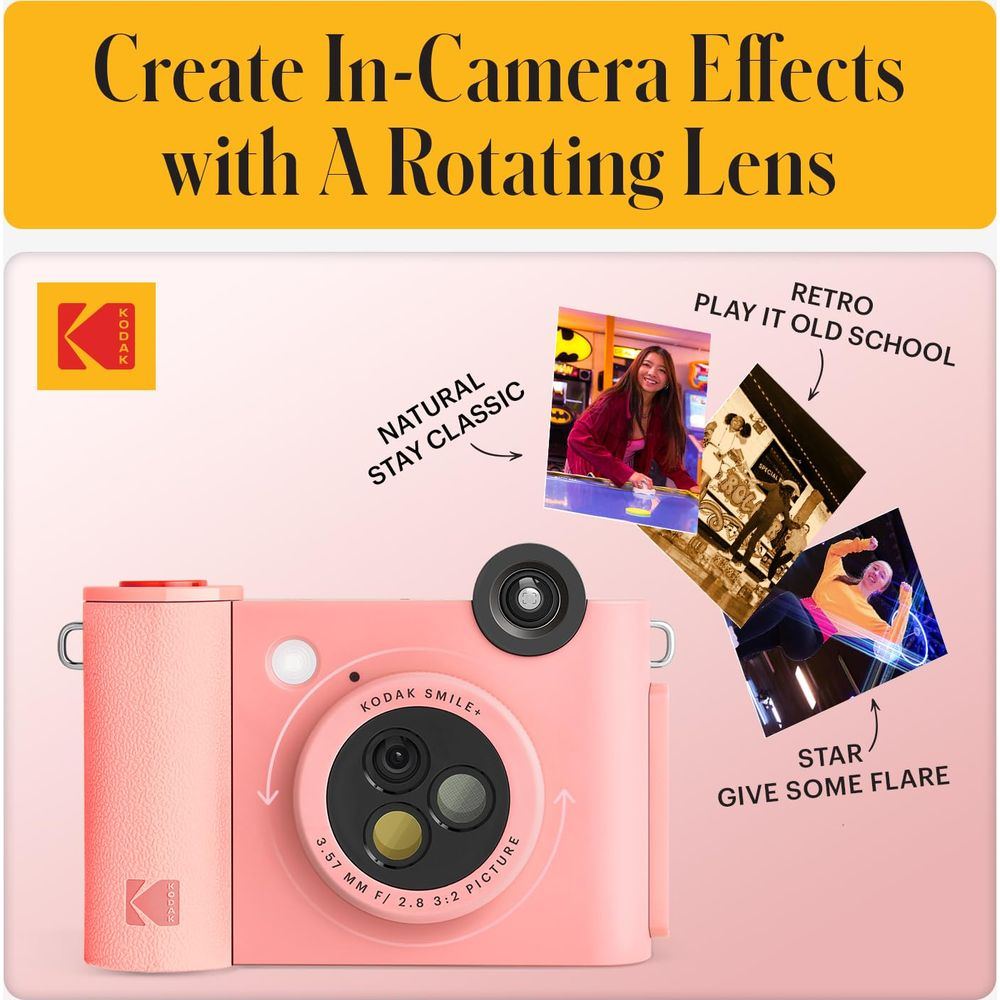 Una cámara Kodak rosa con tres efectos fotográficos: Natural, Retro y Star.