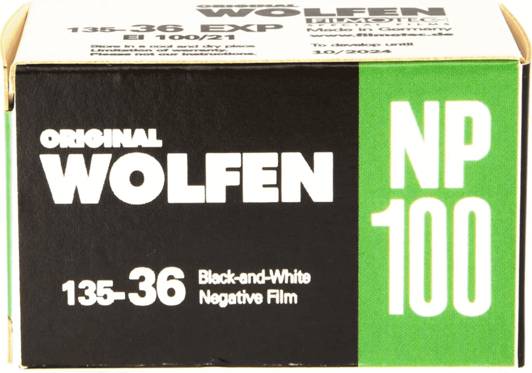 Caja de película Wolfen NP 100 original, negra, blanca y verde con texto.