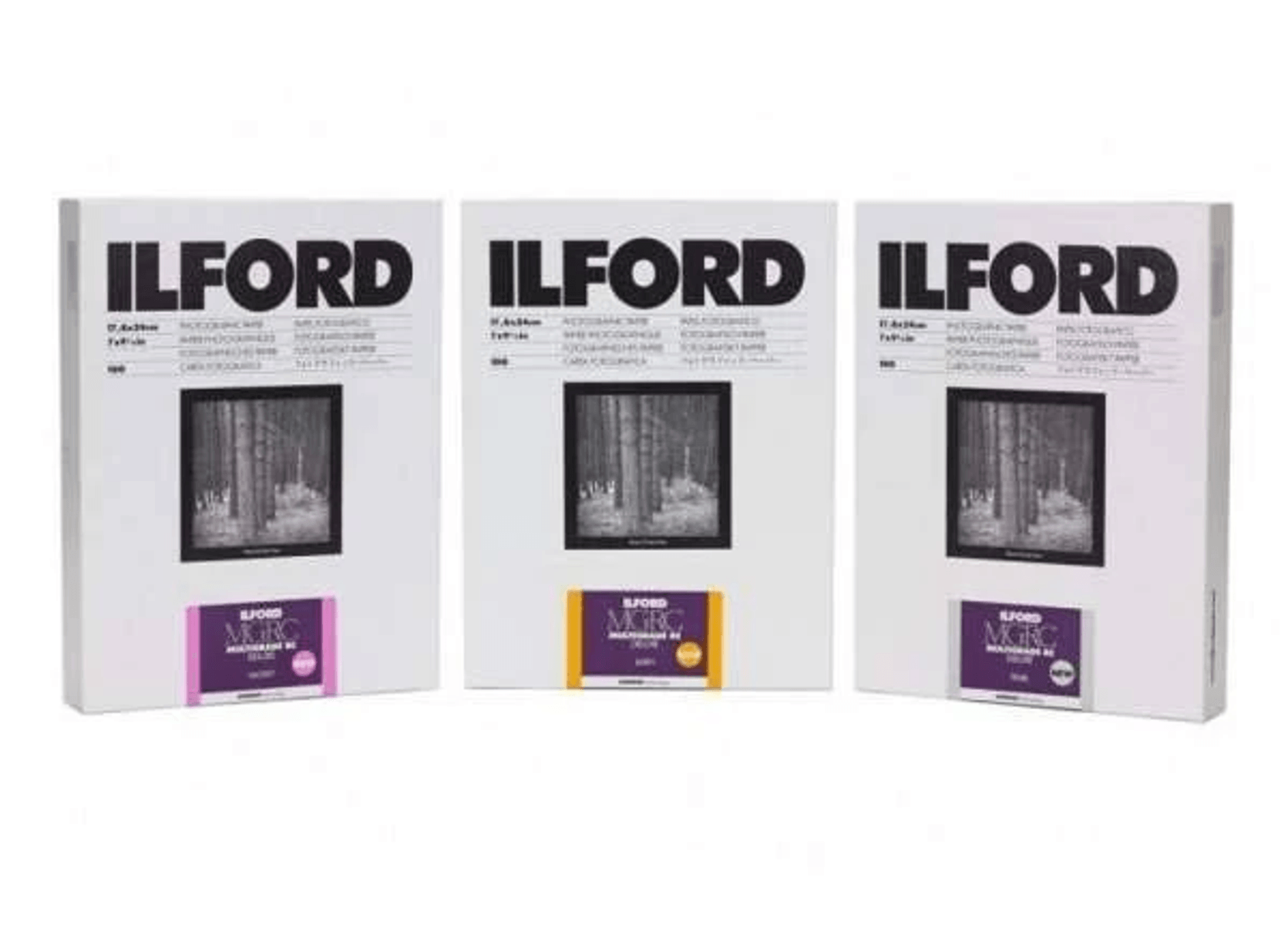Tres paquetes de papel fotográfico Ilford uno al lado del otro. Cada paquete tiene una imagen de un bosque.