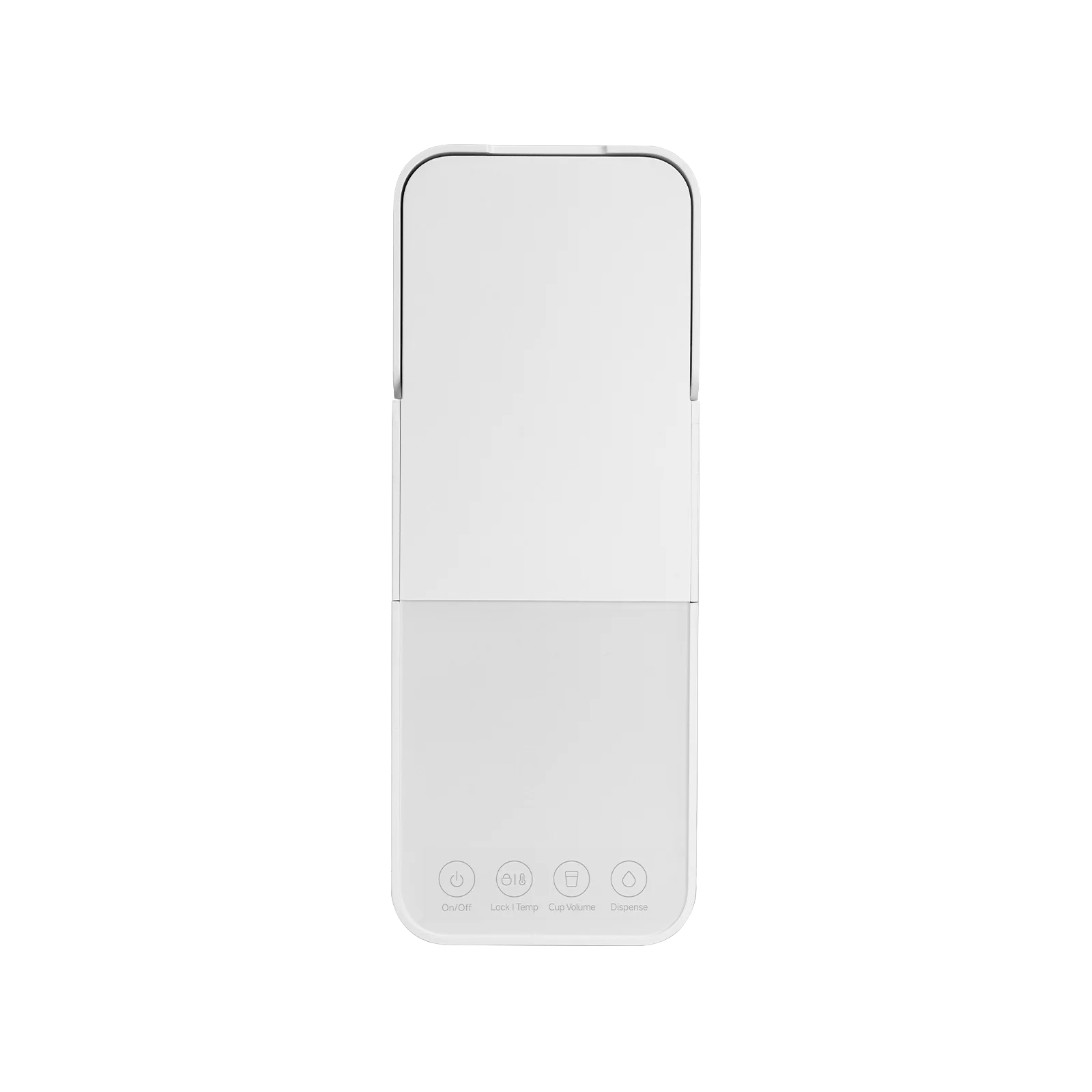 A white device with controls for On/Off, Lock/Temp, Cup Volume, and Dispense.