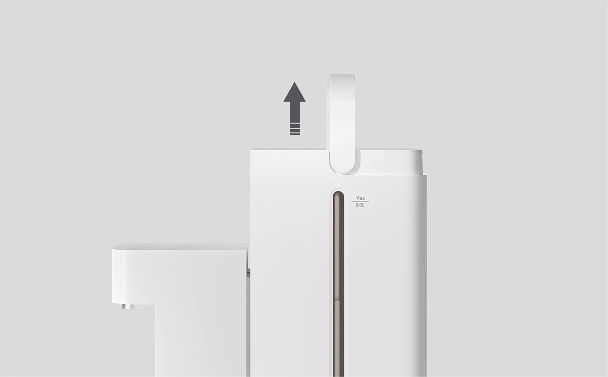 A white kettle with an upward pointing arrow indicating lift.