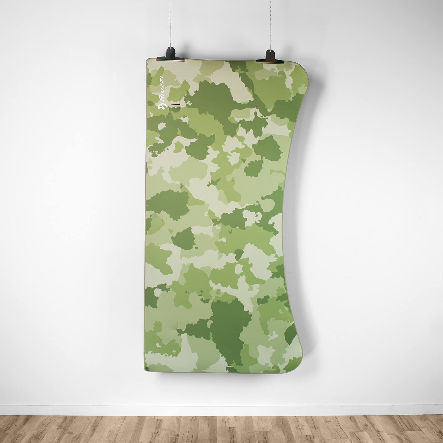 Green camouflage pattern on a hanging panel with Arozzi logo.