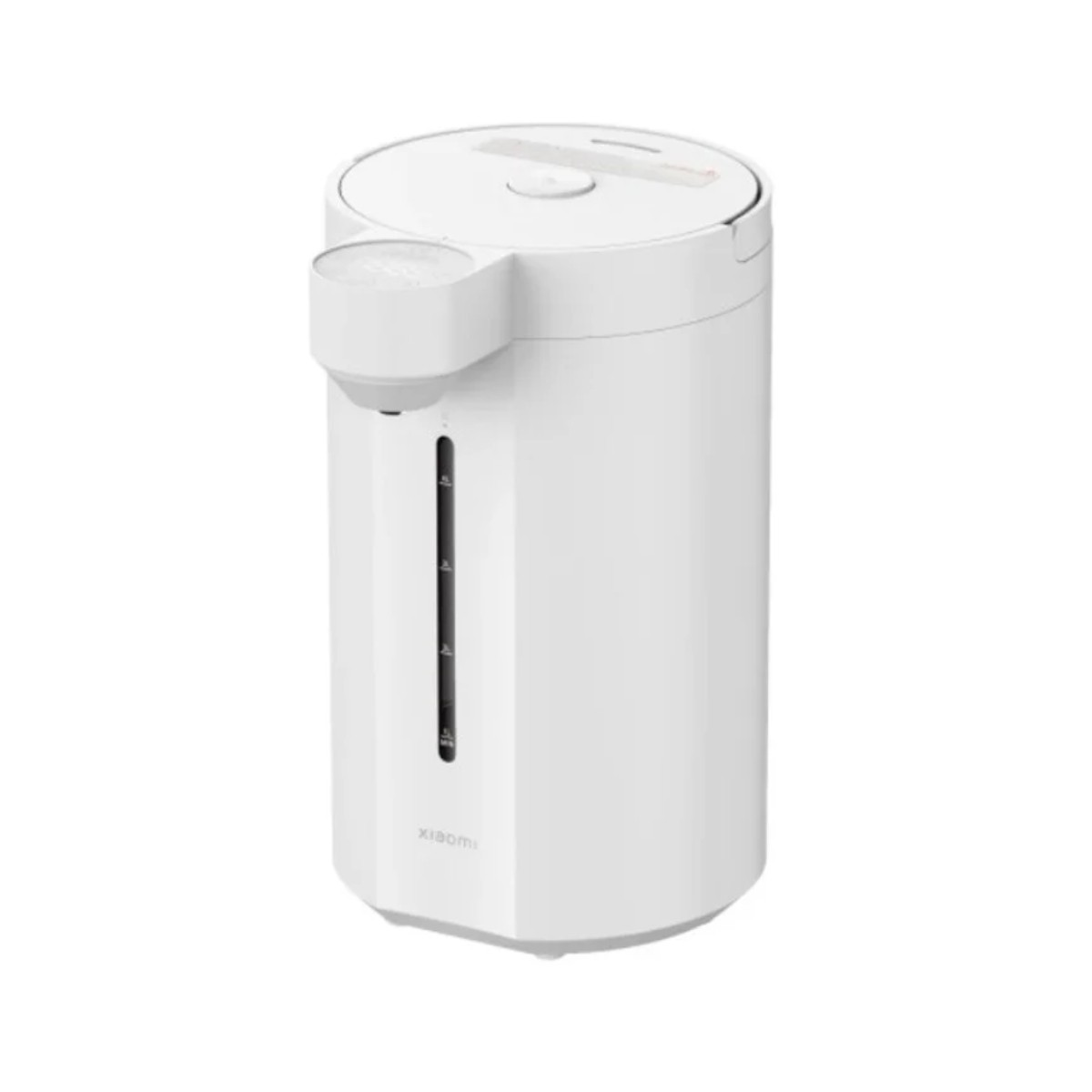 A white electric kettle with a clear water level indicator and a spout.