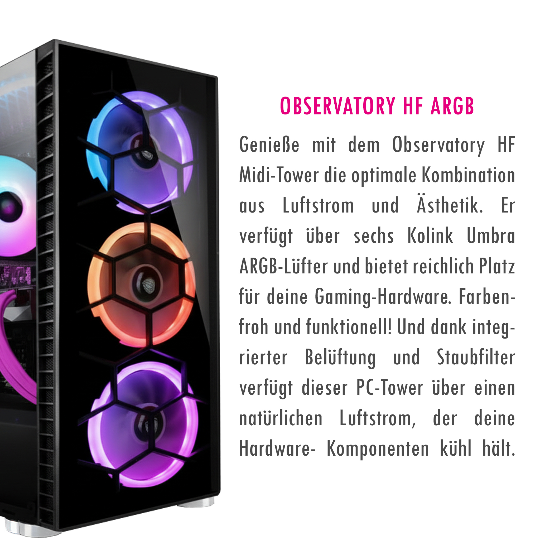 Ein schwarzer PC-Turm mit drei beleuchteten Lüftern in Blau, Orange und Lila.