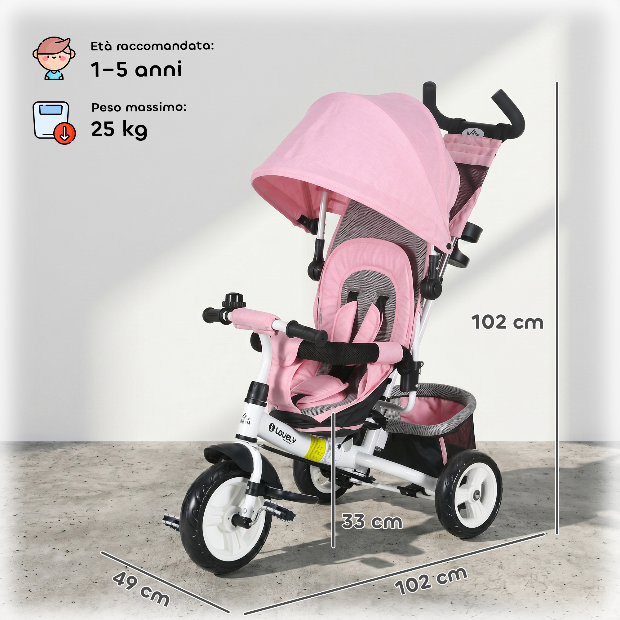 Un passeggino triciclo rosa con capote, sedile e cestino. Dimensioni 49x33x102cm.