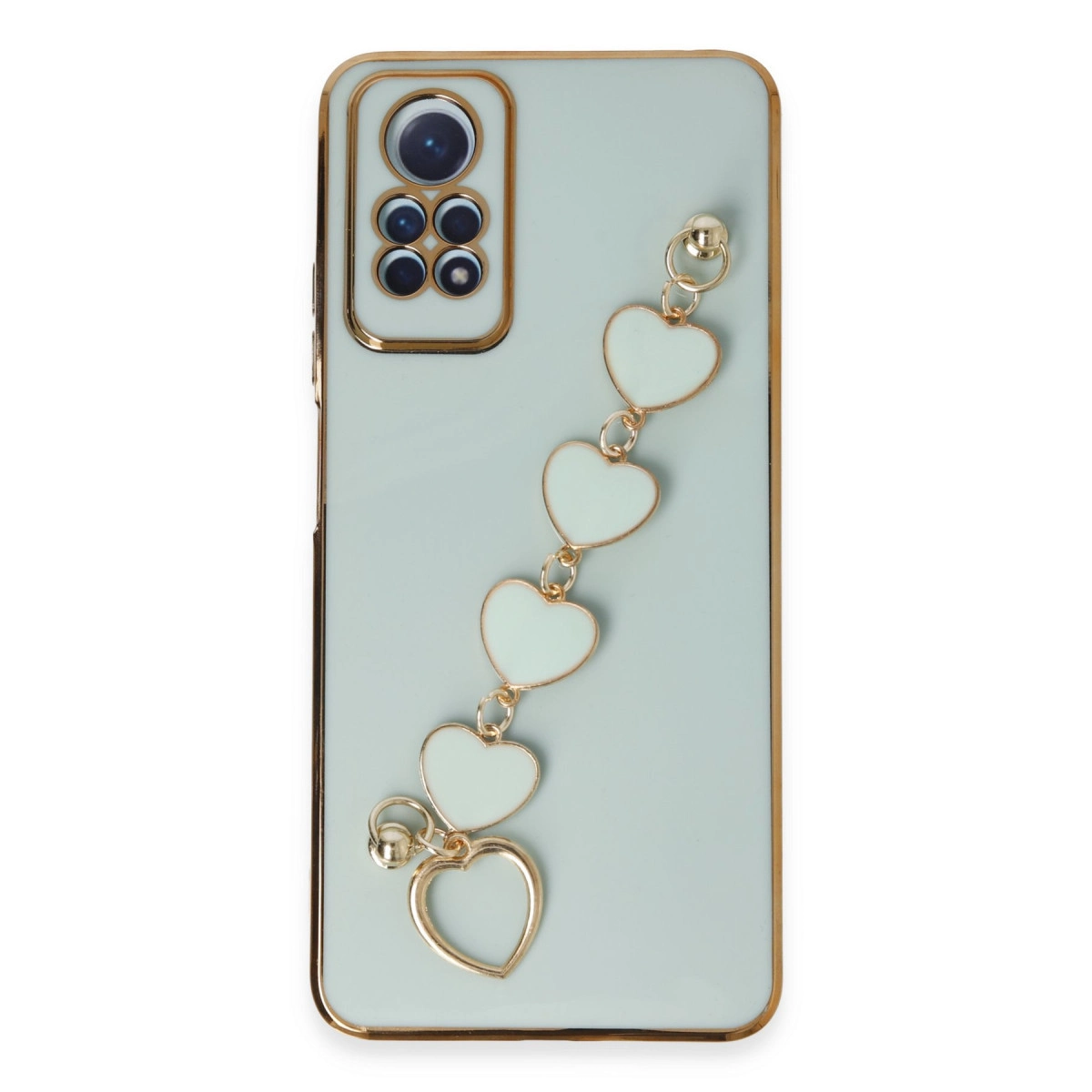 Altın kenarlı, açık mavi telefon kılıfı ve kalp şeklinde charm zinciri.