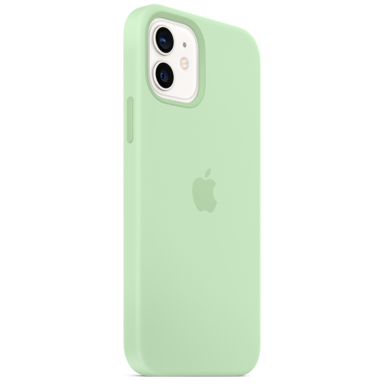 Jasnozielone etui na iPhone z logo Apple i wycięciem na aparat.