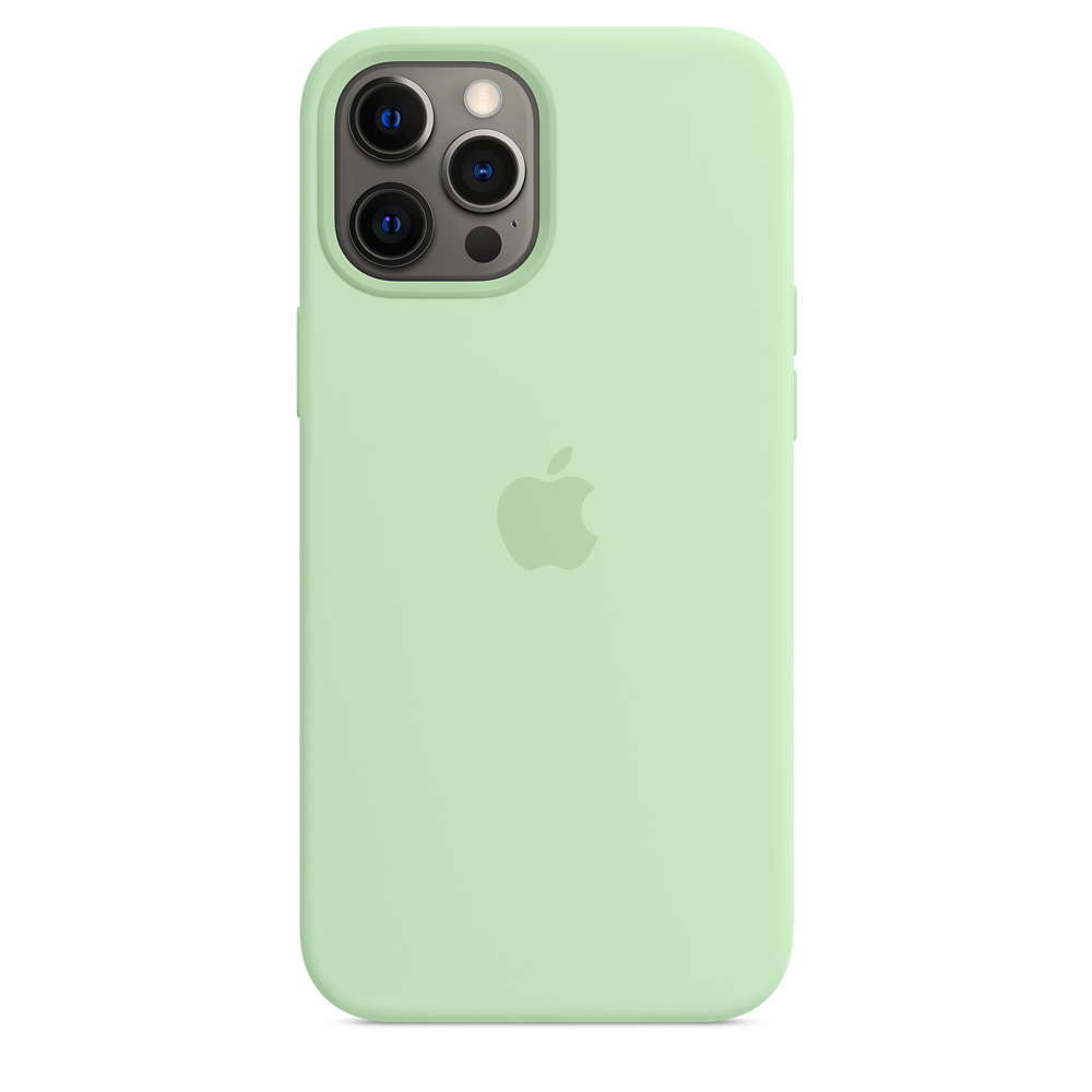 Een lichtgroene telefoonhoes met Apple-logo en camera-uitsparing.