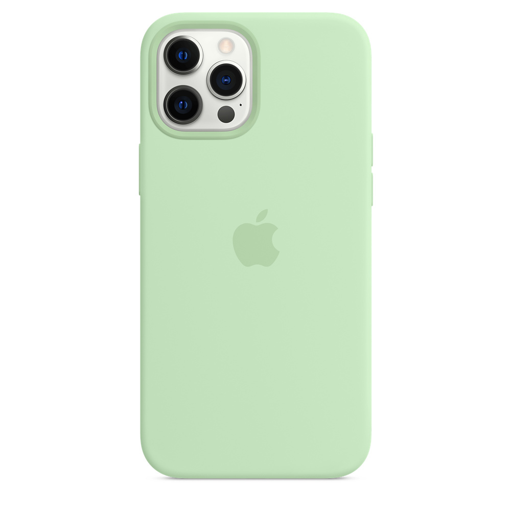 Achterkant van een lichtgroene iPhone-hoes met Apple-logo en drie cameralenzen.