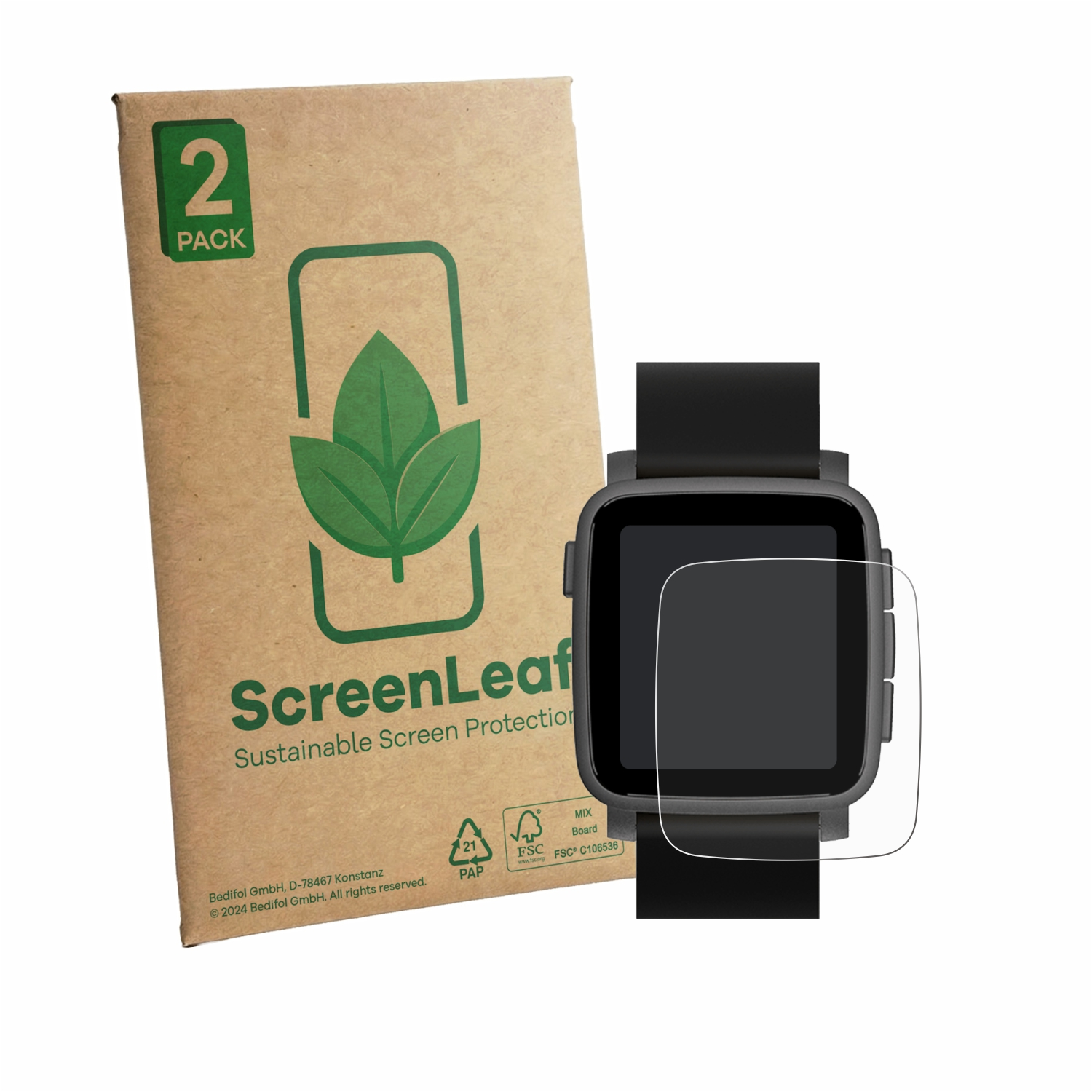 Eine Verpackung mit 2 Displayschutzfolien und einer Smartwatch.