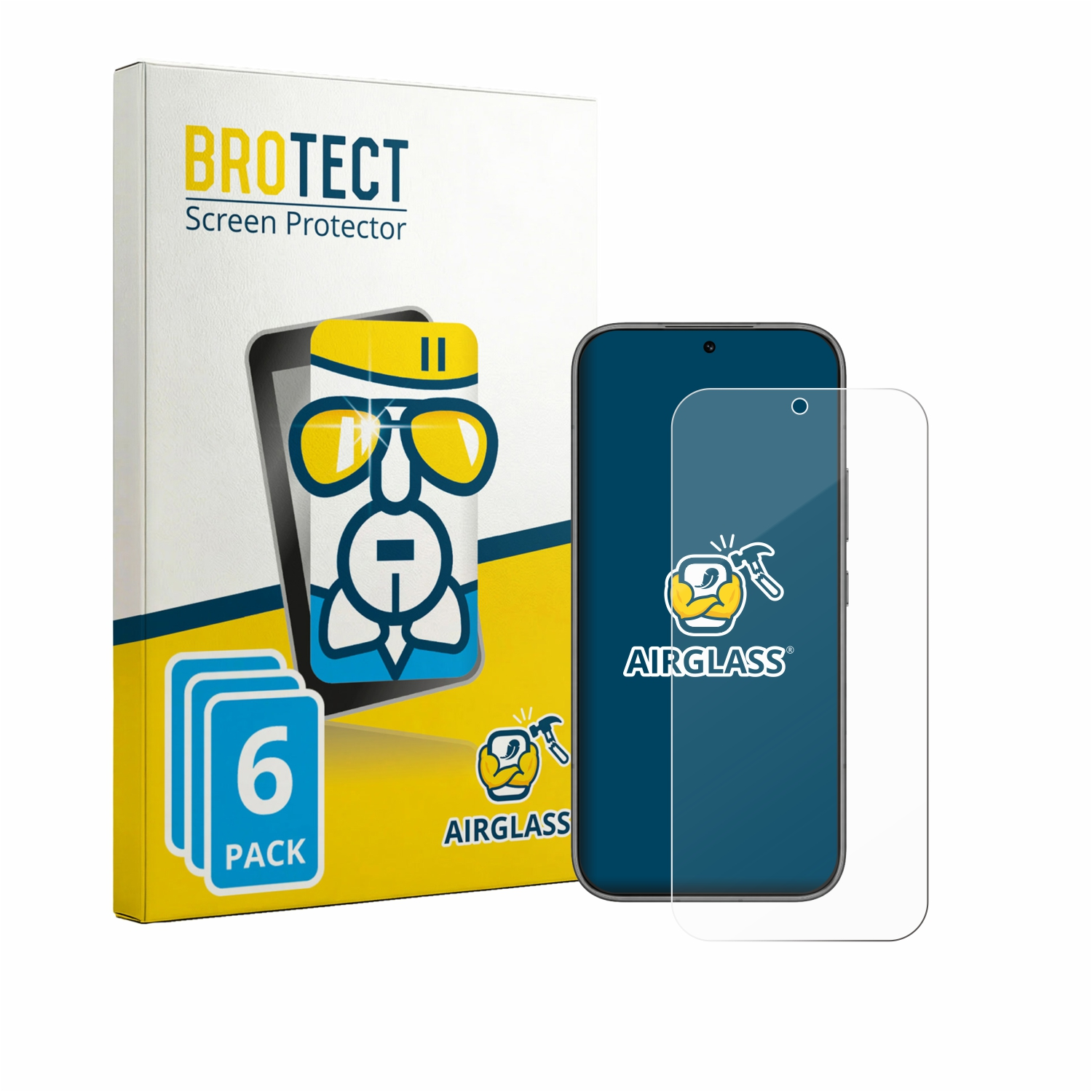 Eine Packung BROTECT Displayschutzfolien mit 6 Stück und einem Smartphone mit Schutzfolie.