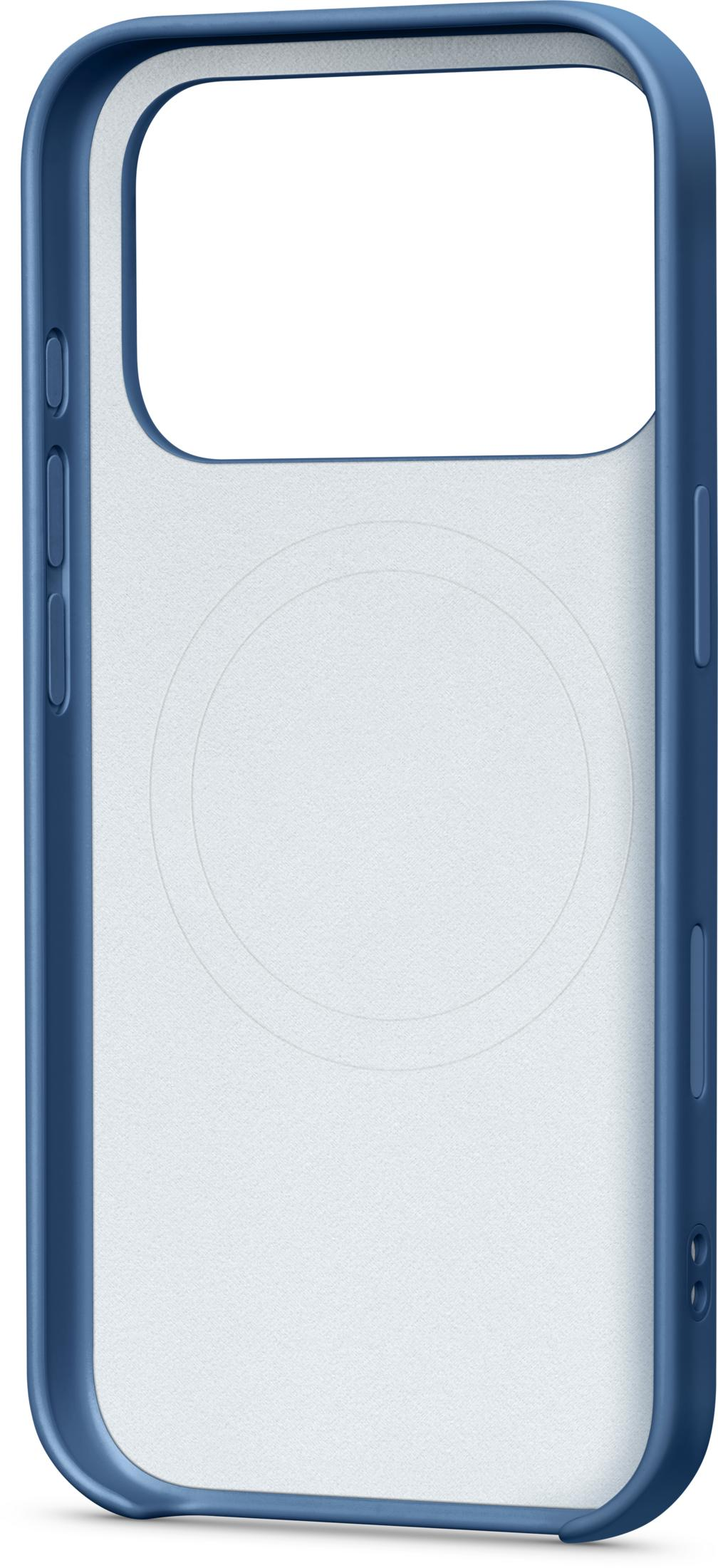 Eine transparente Handyhülle mit blauem Rand und kreisförmigen Markierungen.