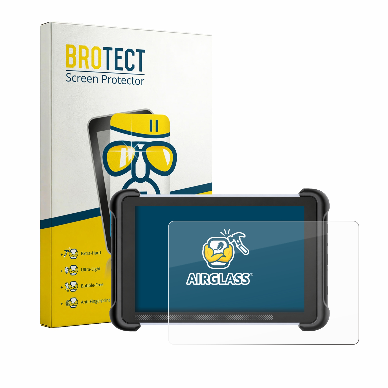 BROTECT Displayschutzfolie für ein Tablet mit schwarzem Rahmen und Schutzfolie.