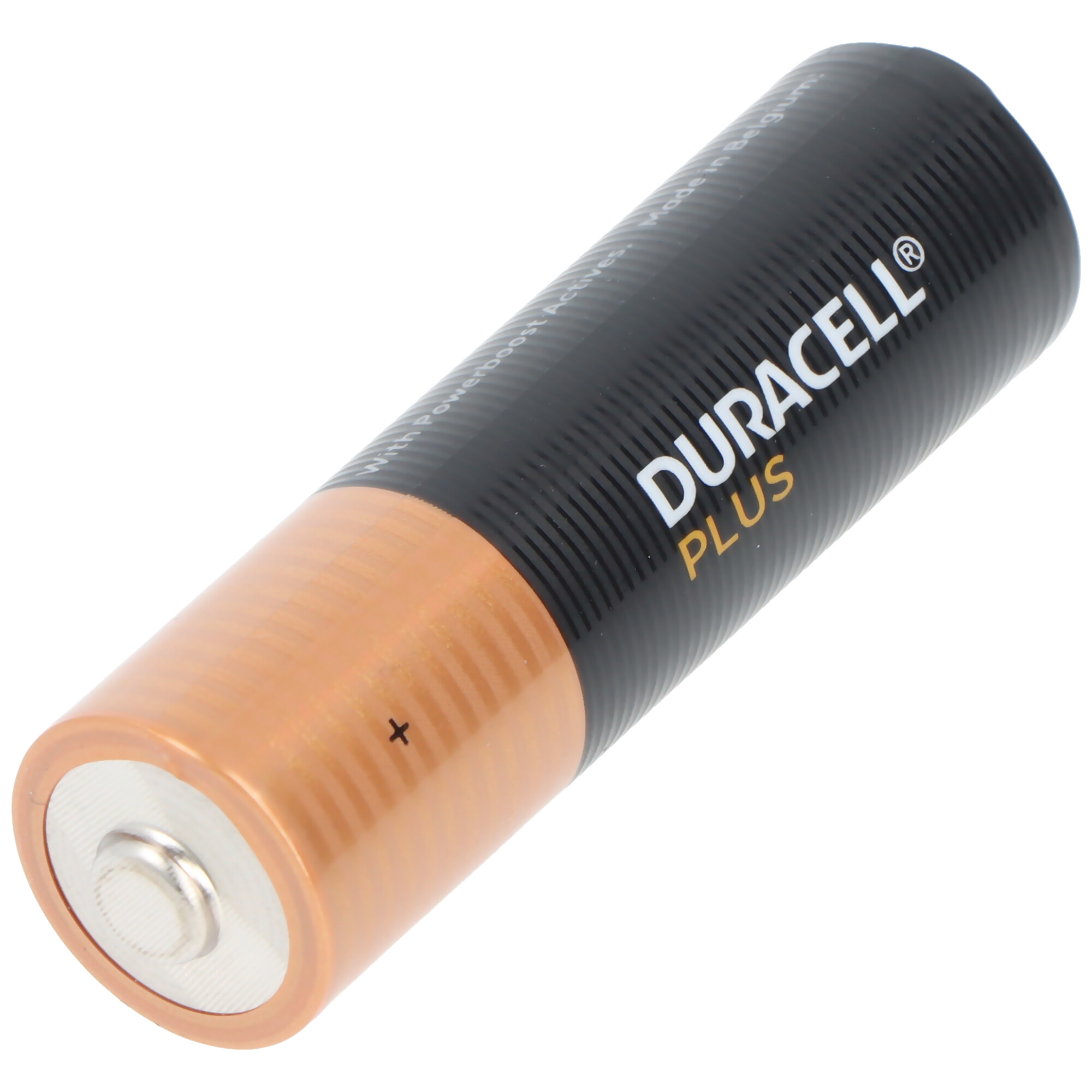 A Duracell Plus battery with a copper top and black body.