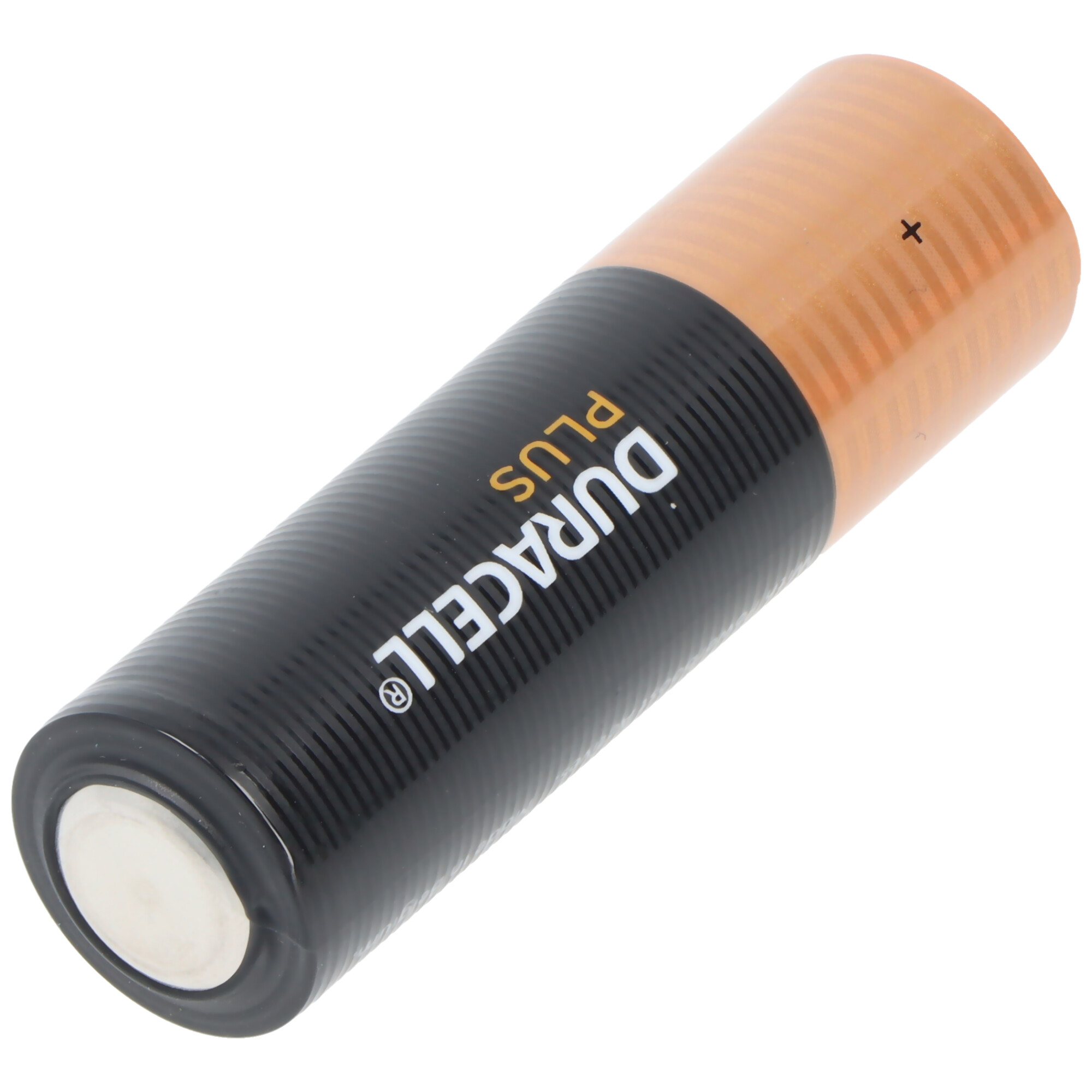 A black Duracell battery with an orange top and a plus sign.