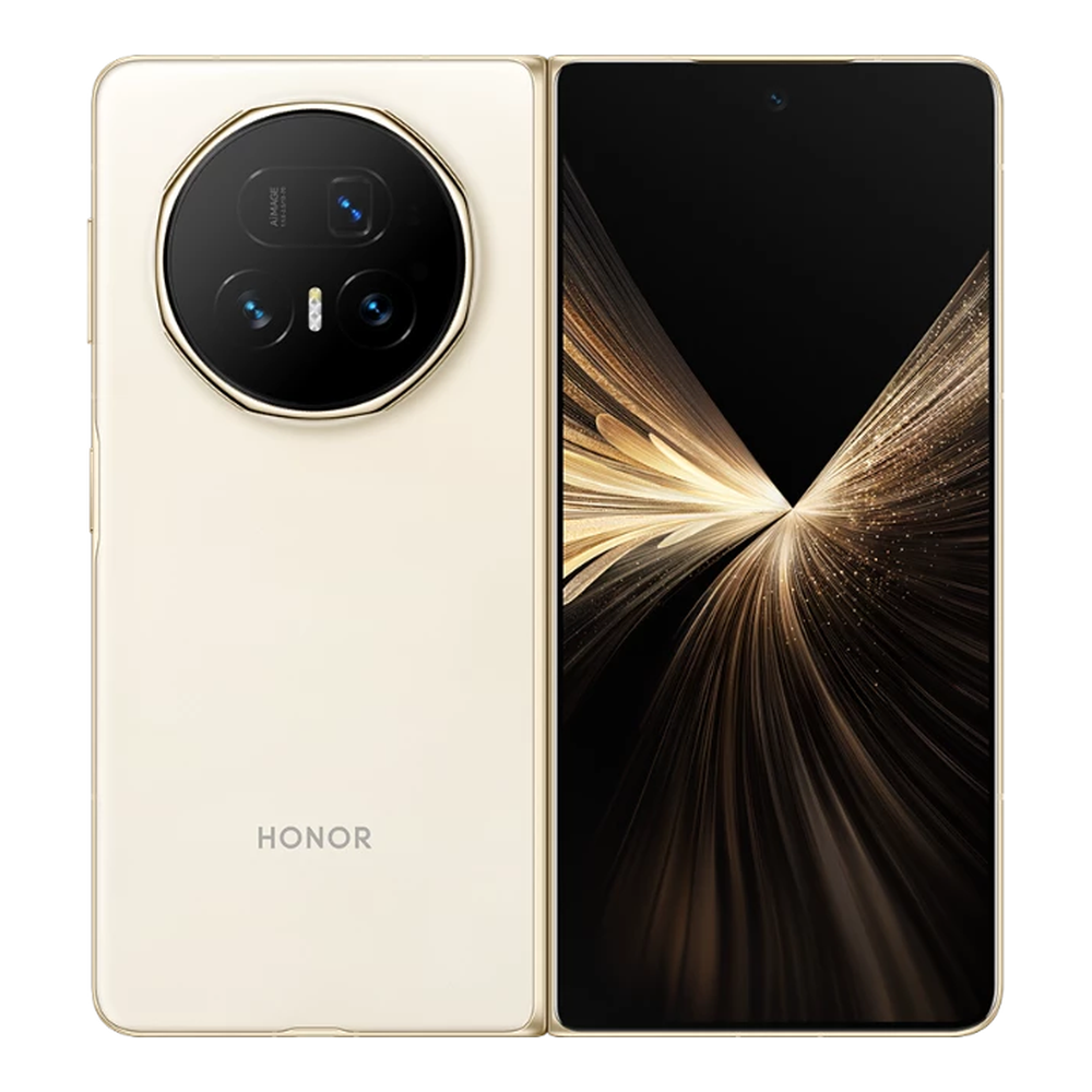 Uno smartphone pieghevole aperto beige con modulo fotocamera rotondo e sfondo oro tenue.