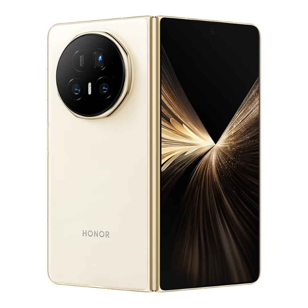 Uno smartphone pieghevole dorato con logo HONOR e un'isola per fotocamera circolare.