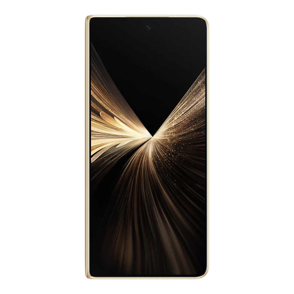 Smartphone dorato con schermo nero che mostra una grafica dorata astratta.